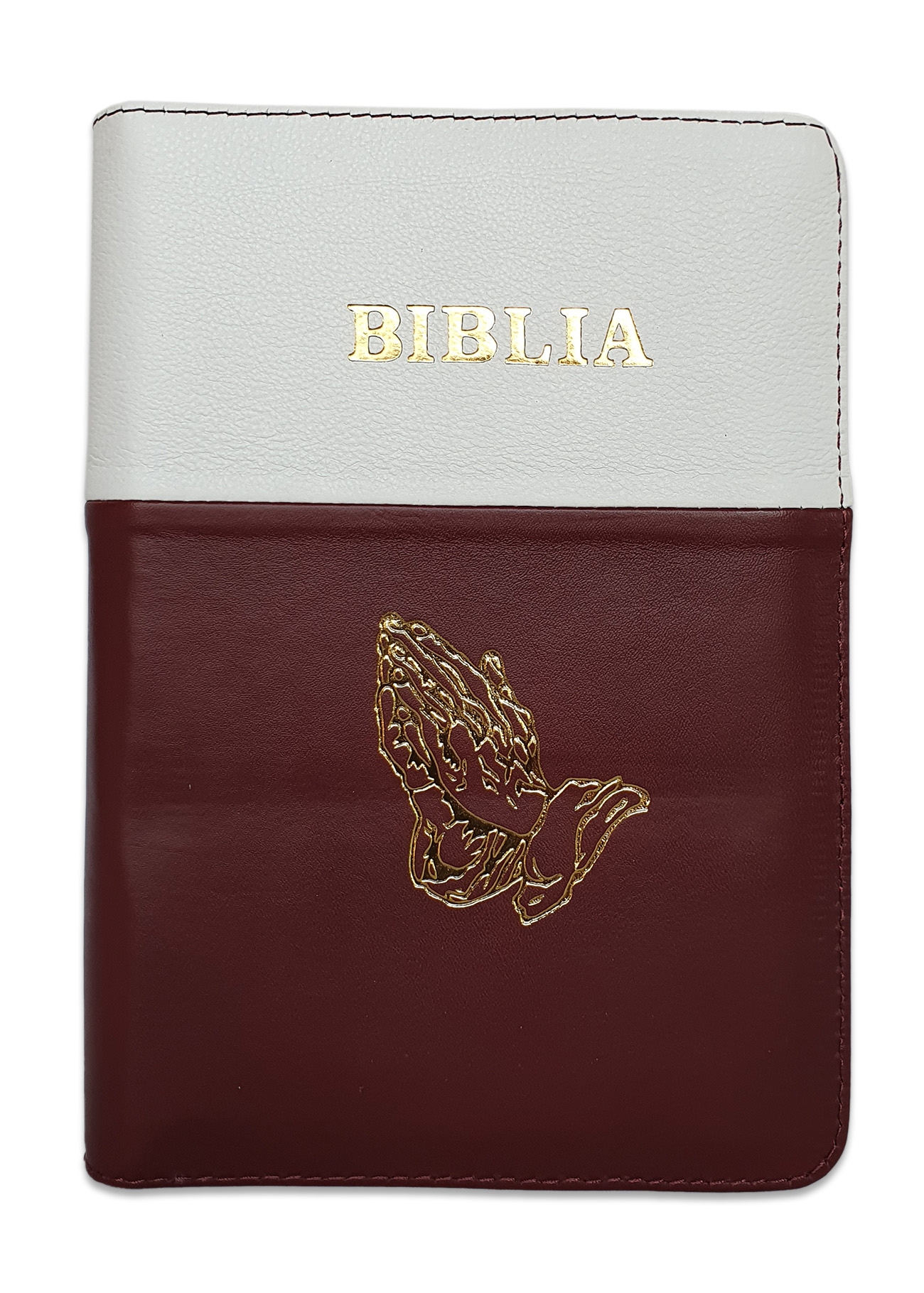 Biblie din piele, marime medie, culoare alb cu grena, simbol maini in rugaciune, fermoar, index, margini aurii, cuv. lui Isus cu rosu [SB 057 PFI]