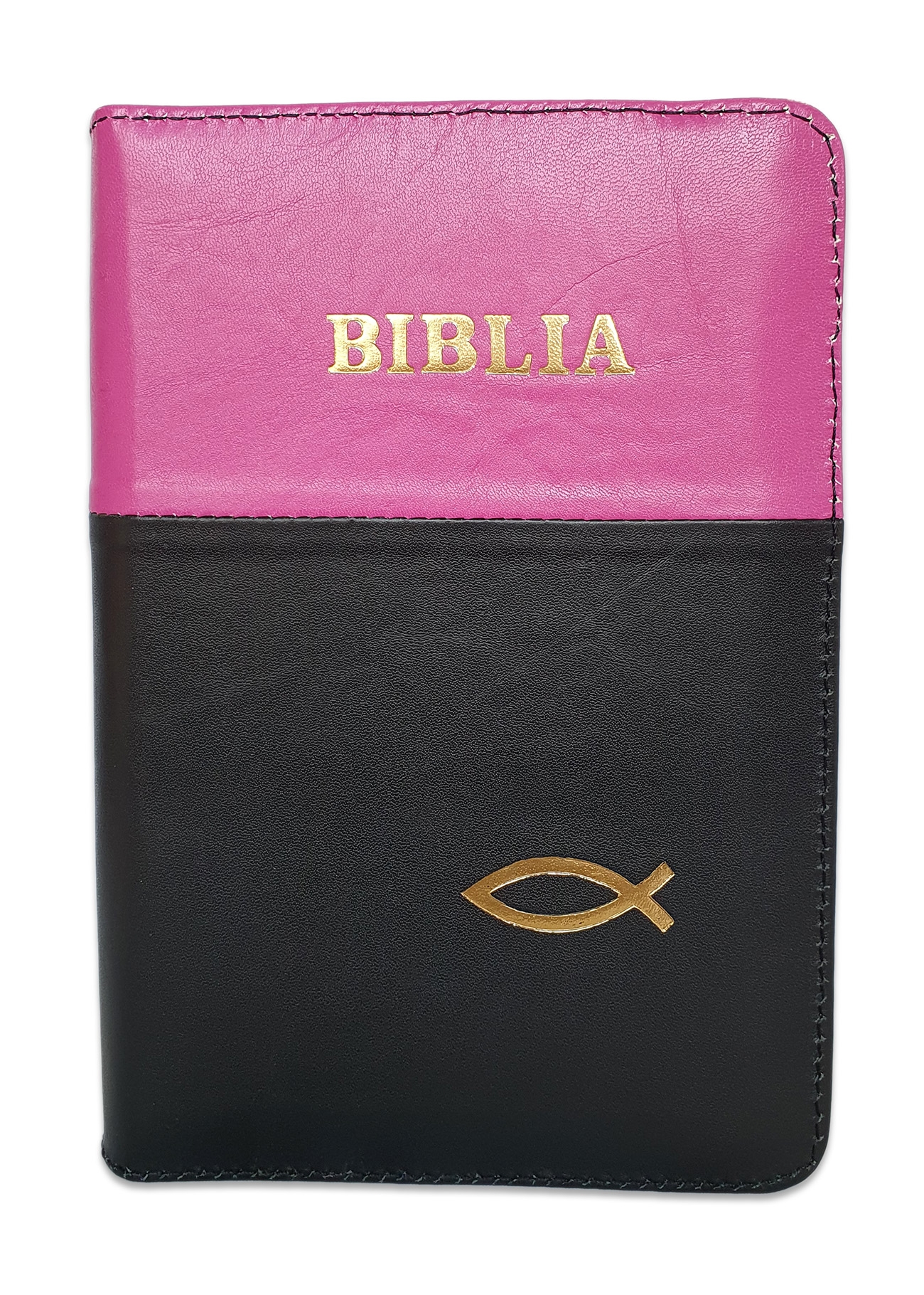 Biblie din piele, marime medie, culoare roz inchis cu negru, simbol peste, fermoar, index, margini aurii, cuv. lui Isus cu rosu [SB 057 PFI]