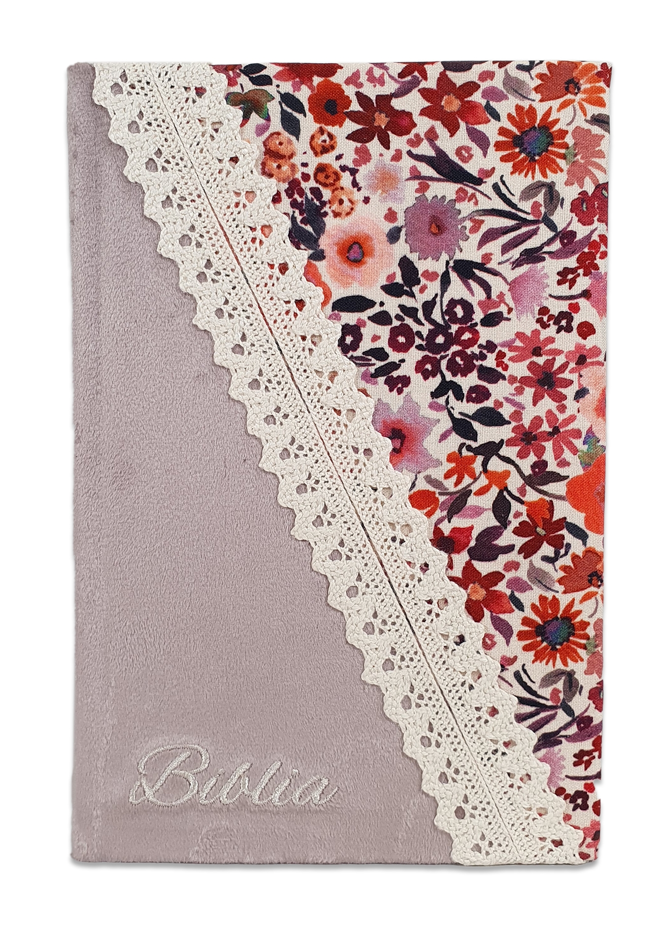 Biblia handmade, model 32, marime medie, coperta tare textila, margini aurii, index, cuv. lui Isus cu rosu [SI 057 HM]