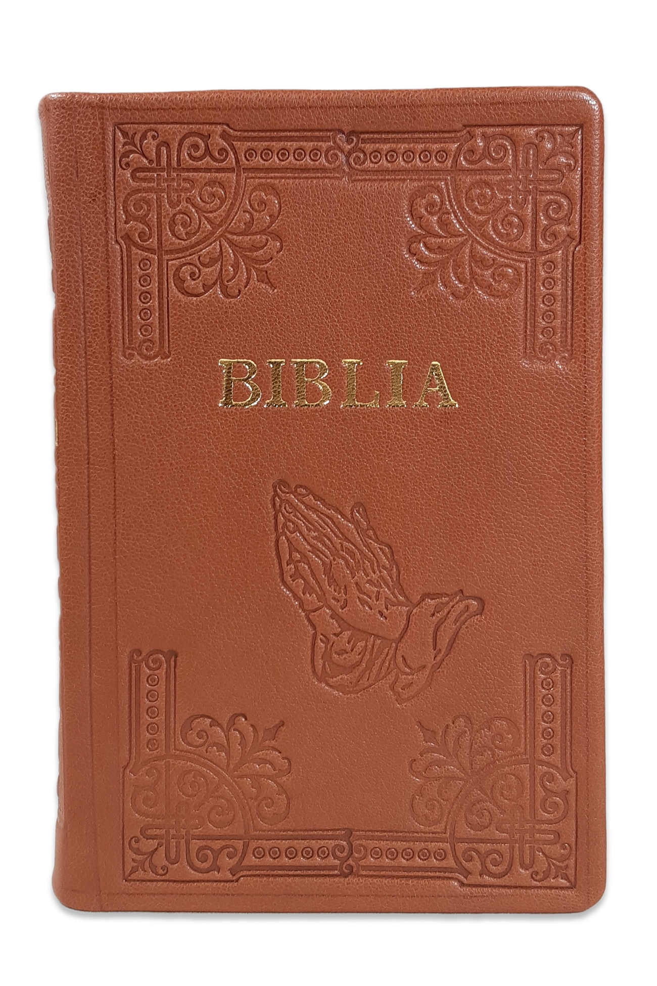 Biblia din piele, handmade, marime medie, culoare maro, margini aurii, index, simbol maini, cuv. lui Isus cu rosu [052 HMI]