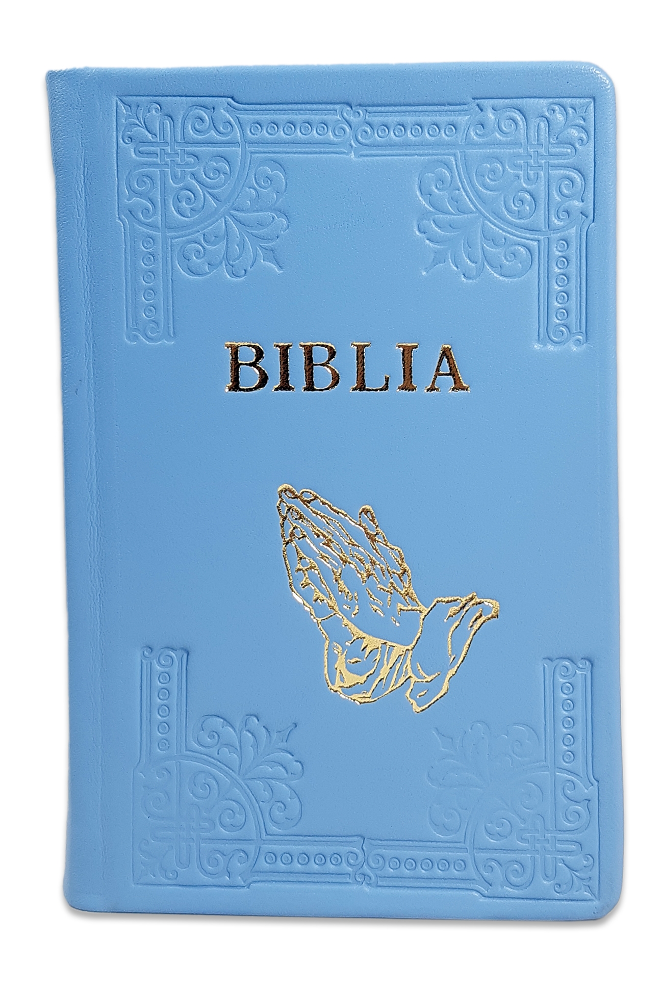 Biblia din piele, handmade, marime medie, culoare albastru deschis, margini aurii, index, simbol maini, cuv. lui Isus cu rosu [052 HMI]