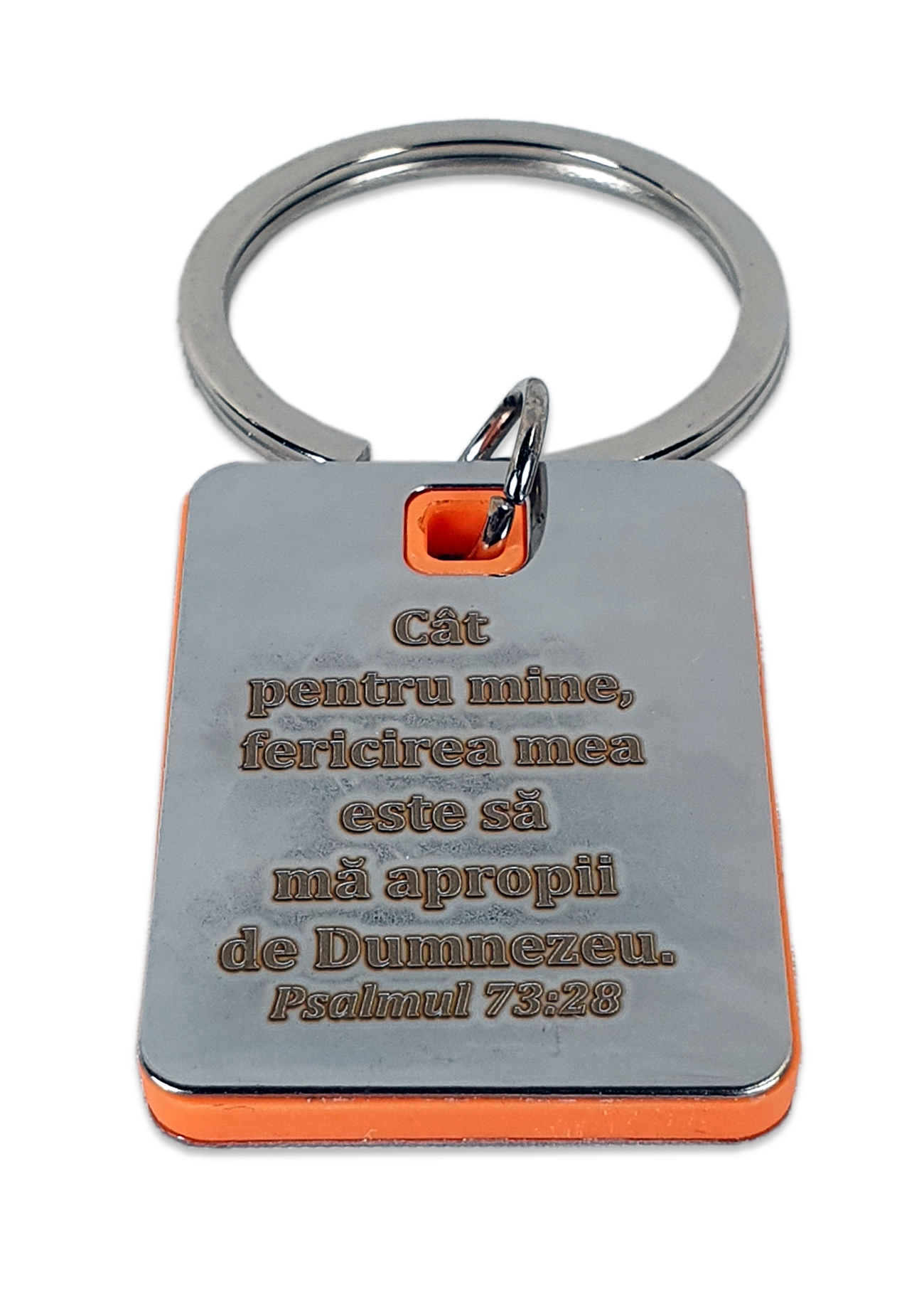 Breloc metalic cu placuta interioara portocalie din ABS - "Cat pentru mine, fericirea mea este sa ma apropii de Dumnezeu" Breloc metalic cu placuta interioara portocalie din ABS - "Cat pentru mine, fericirea mea este sa ma apropii de Dumnezeu"