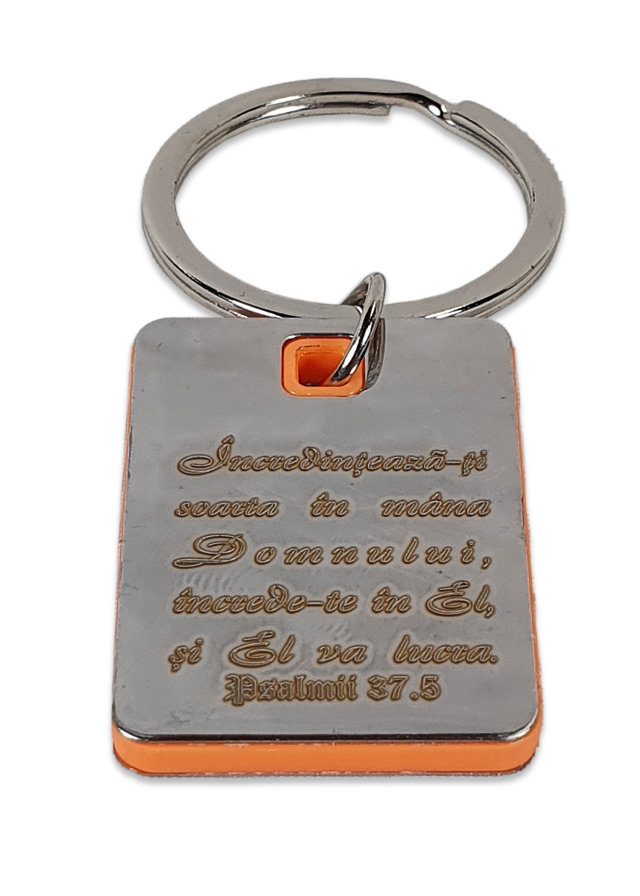 Breloc metalic cu placuta interioara portocalie din ABS - "Incredinteaza-ti soarta" Breloc metalic cu placuta interioara portocalie din ABS - "Incredinteaza-ti soarta"