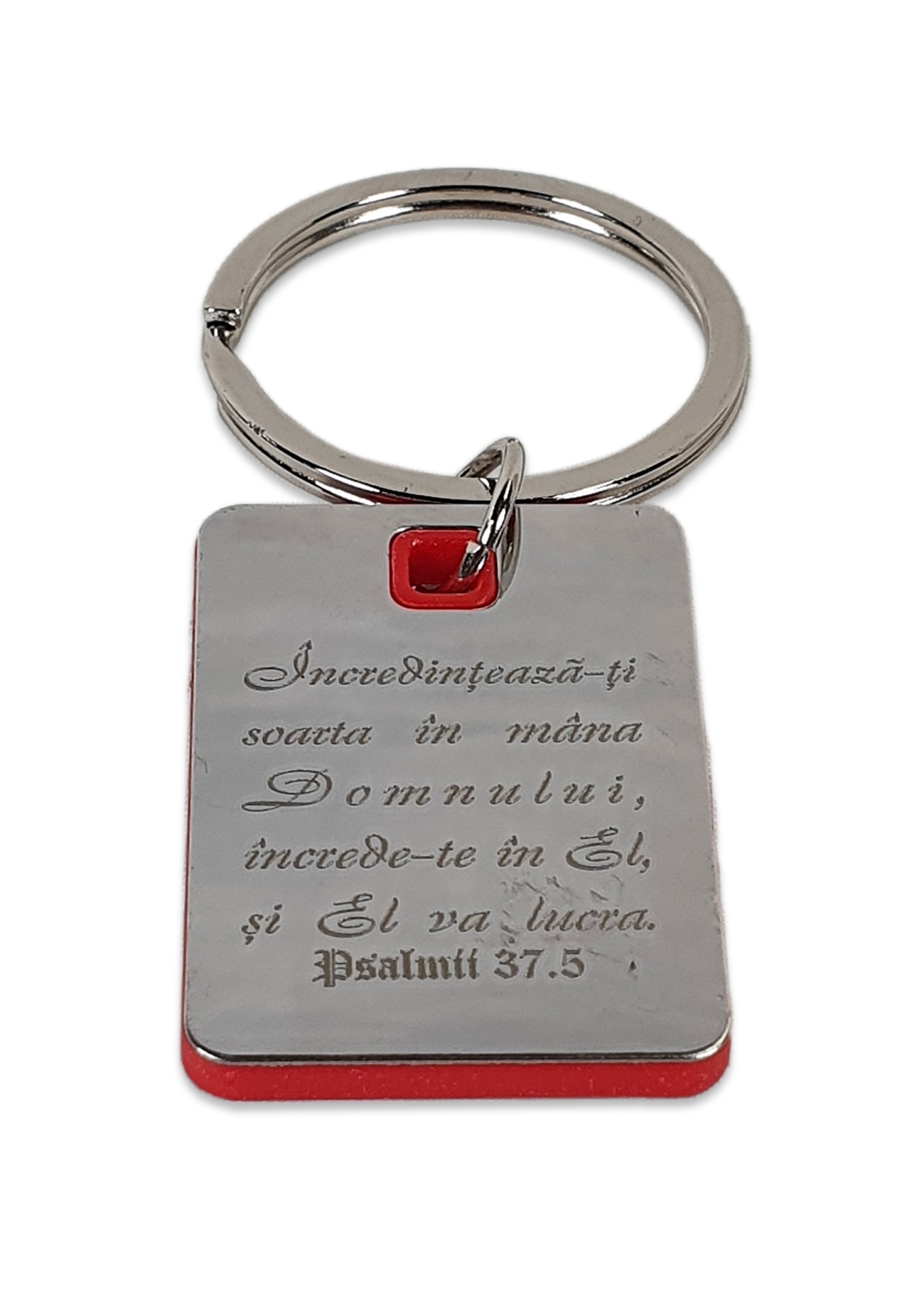 Breloc metalic cu placuta interioara rosie din ABS - "Incredinteaza-ti soarta" Breloc metalic cu placuta interioara rosie din ABS - "Incredinteaza-ti soarta"