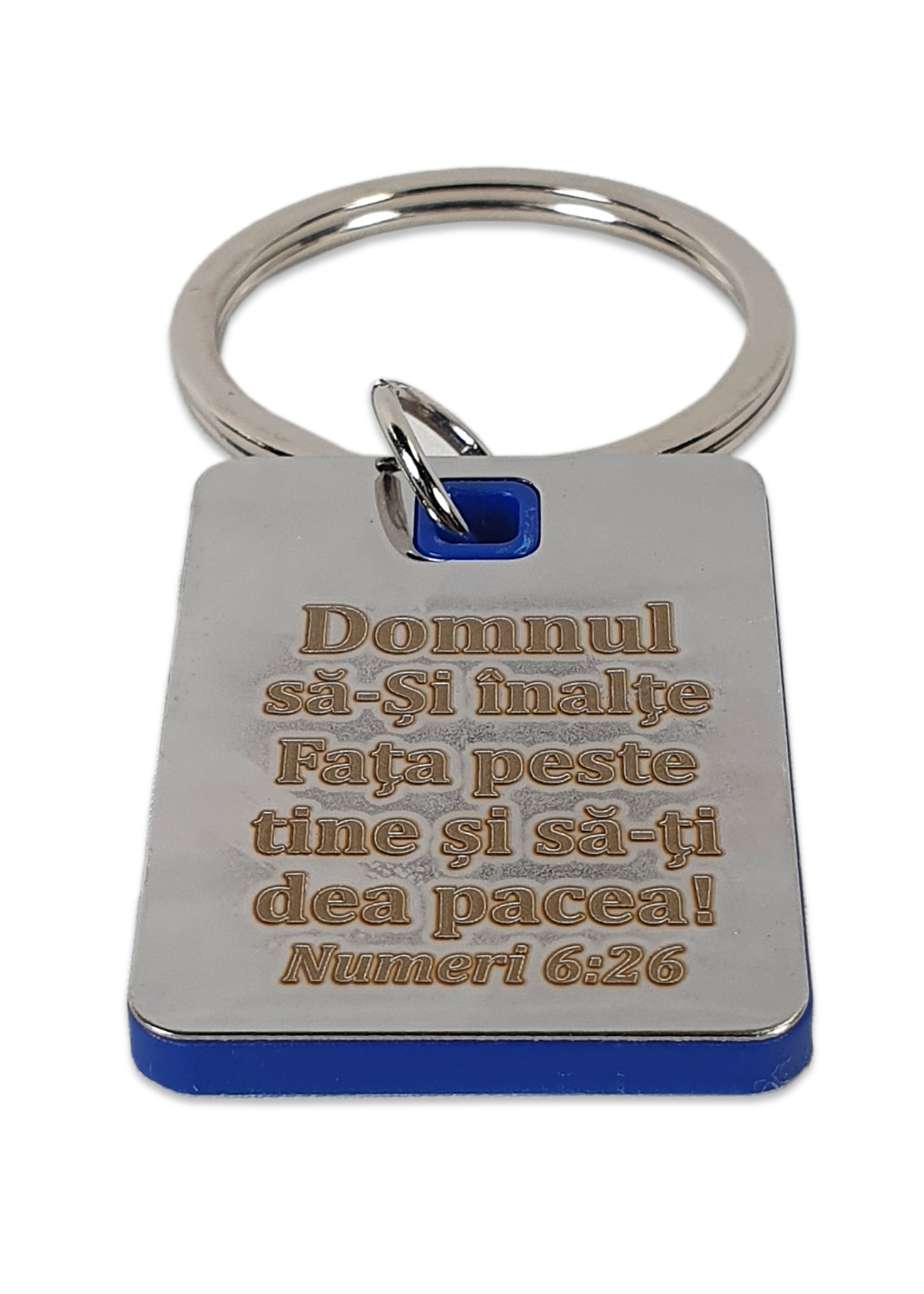 Breloc metalic cu placuta interioara albastra din ABS - "Domnul sa-Si inalte fata peste tine" Breloc metalic cu placuta interioara albastra din ABS - "Domnul sa-Si inalte fata peste tine"