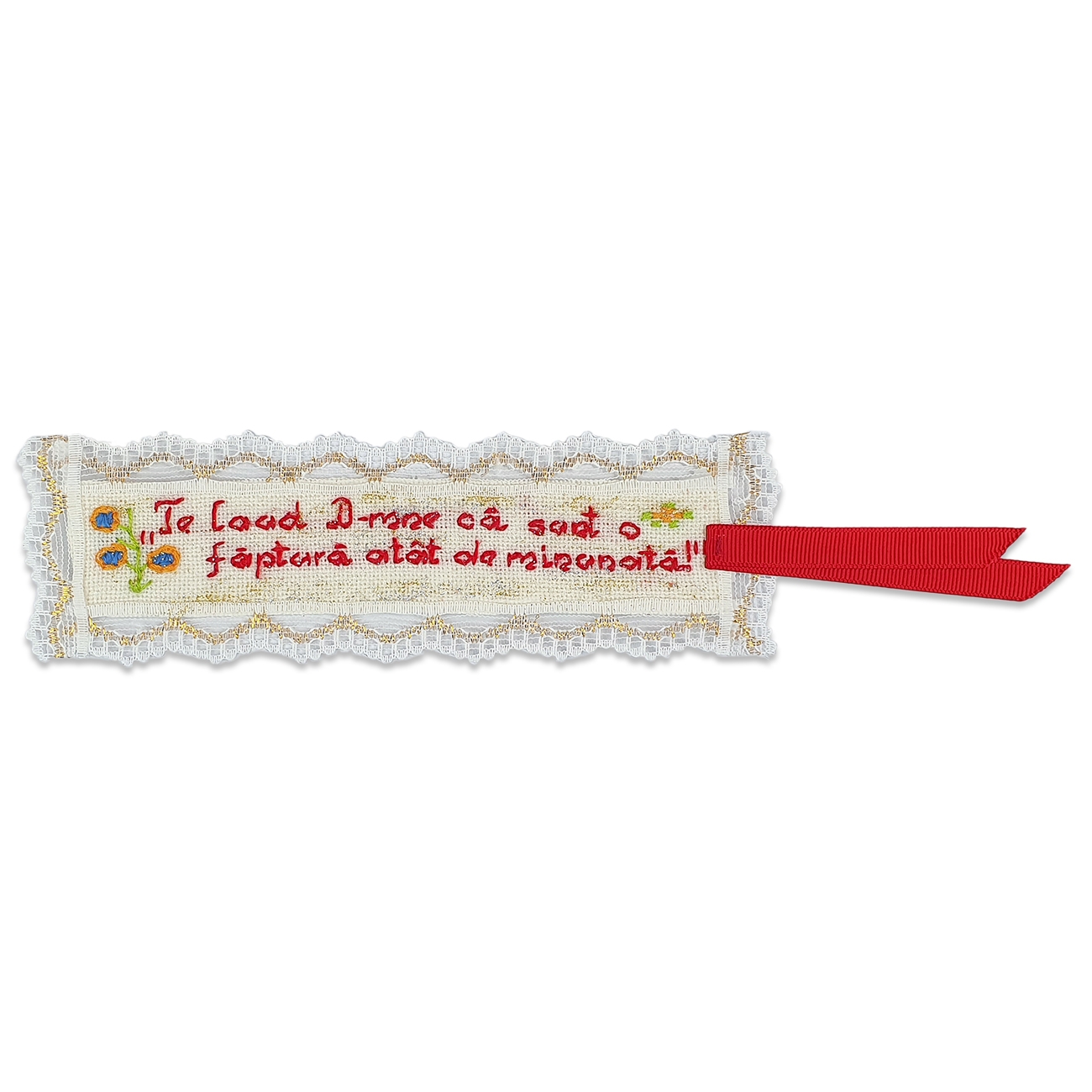 Semn de carte lucrat manual, din material textil, cu panglică roșie - Te laud Doamne