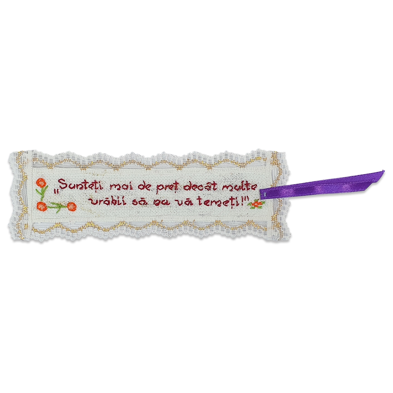 Semn de carte lucrat manual, din material textil, cu panglică mov - Sunteți mai de preț decât multe vrăbii Semn de carte lucrat manual, din material textil, cu panglică mov - Sunteți mai de preț decât multe vrăbii