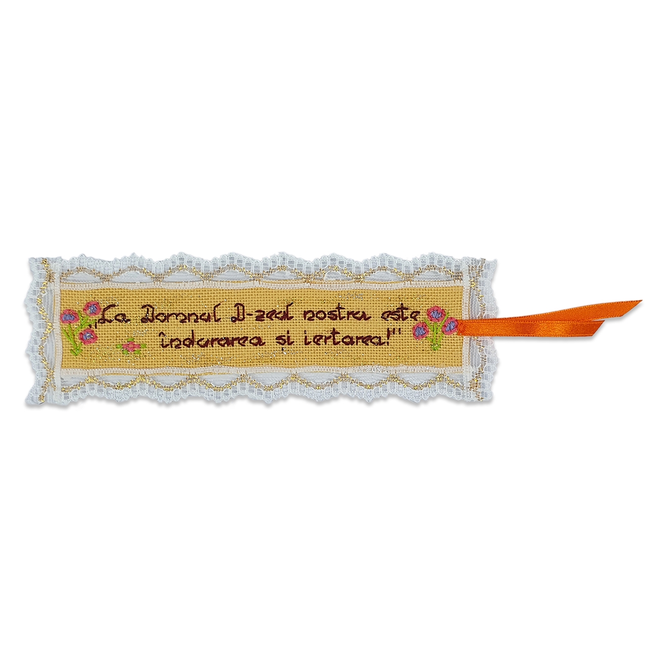 Semn de carte lucrat manual, din material textil, cu panglică portocalie - La Domnul Dumnezeul nostru este îndurarea și iertarea Semn de carte lucrat manual, din material textil, cu panglică portocalie - La Domnul Dumnezeul nostru este îndurarea și iertarea