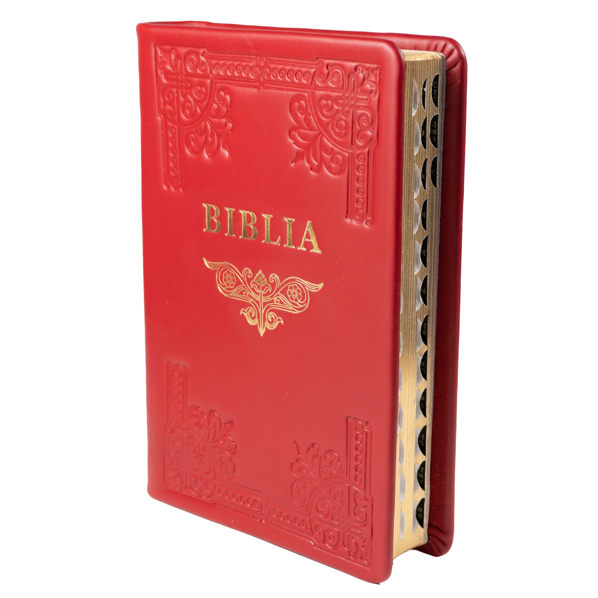 Biblia din piele, handmade, marime medie, culoare rosie, margini aurii cu index, cuv. lui Isus cu rosu [057 HM]