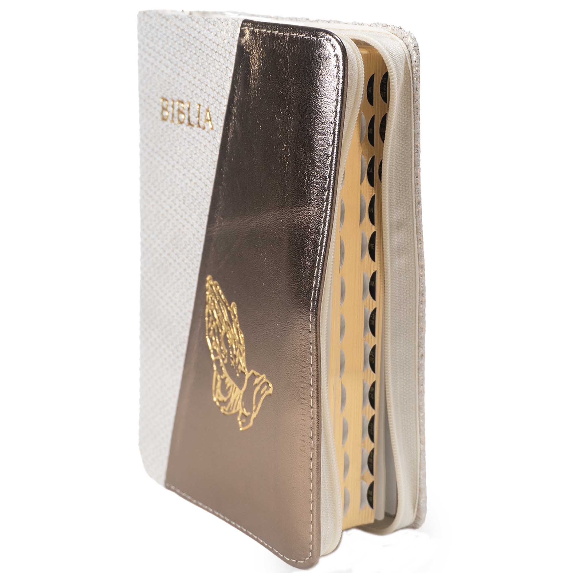 Biblie din piele, marime medie, culoare argintiu sidefat cu bronz sidefat, simbol maini in rugaciune, fermoar, index, margini aurii, cuv. lui Isus cu rosu [SB 057 PFI]