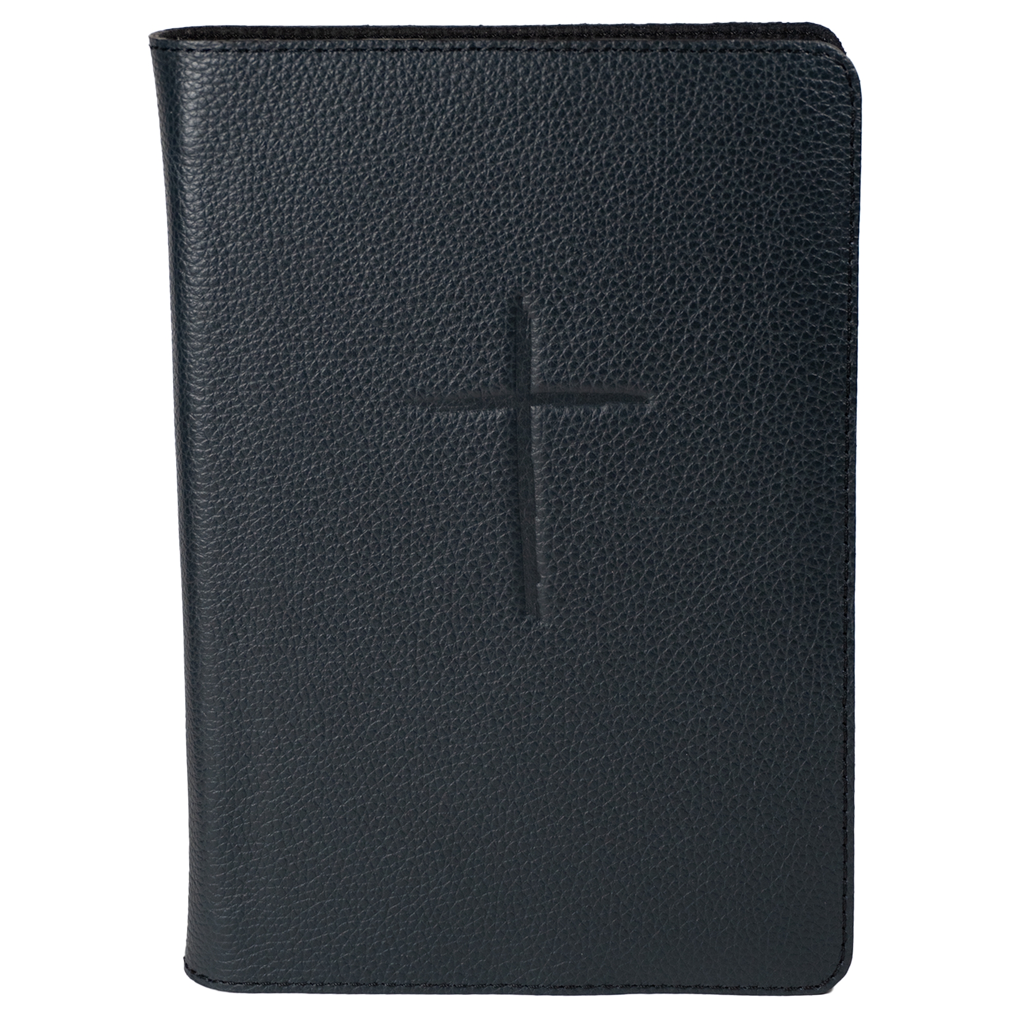 Biblie din piele handmade, marime medie, bleumarin închis, simbol cruce, fara fermoar, index, margini aurii, cuv. lui Isus cu rosu [057 I]