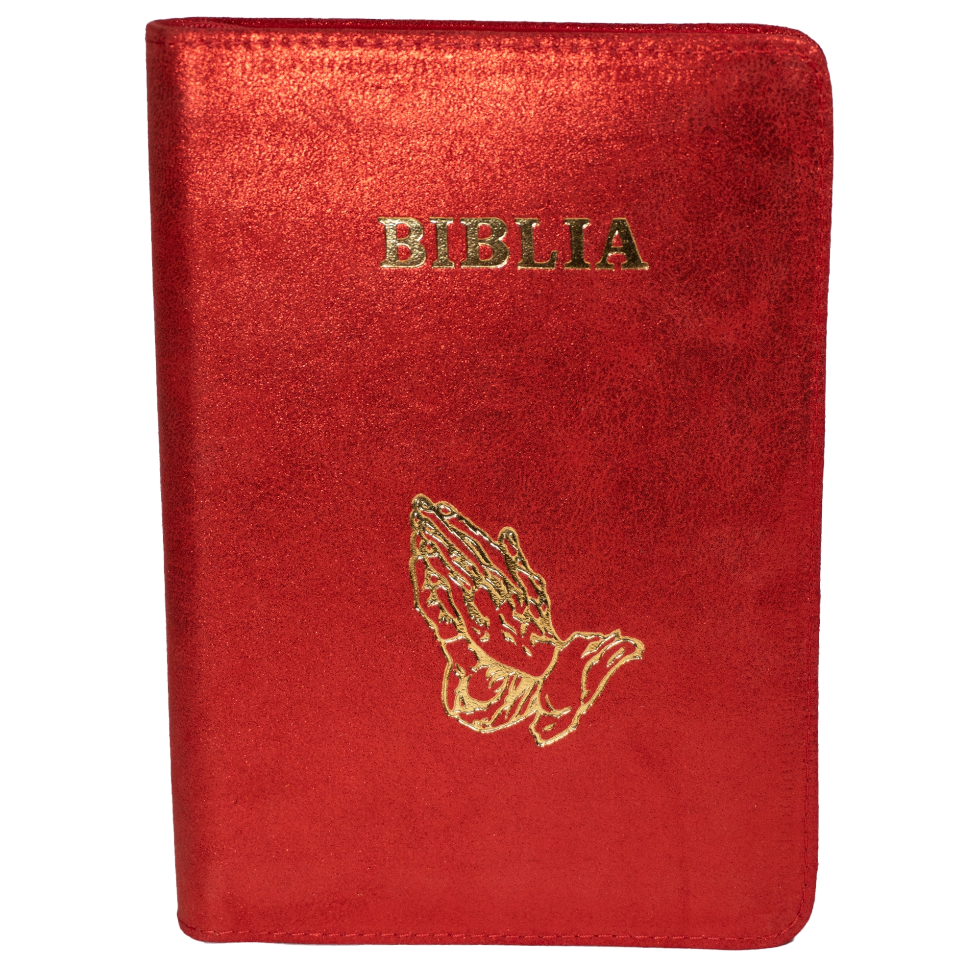 Biblie din piele, marime medie, culoare, roșu sidefat,  fermoar, margini albe, simbol maini in rugaciune, cuv. lui Isus cu rosu [053]