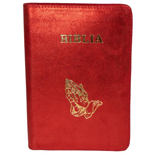 Biblie din piele, marime medie, culoare rosu sidefat , fermoar, index, margini aurii, cuv. lui Isus cu rosu [SB 057 PFI]
