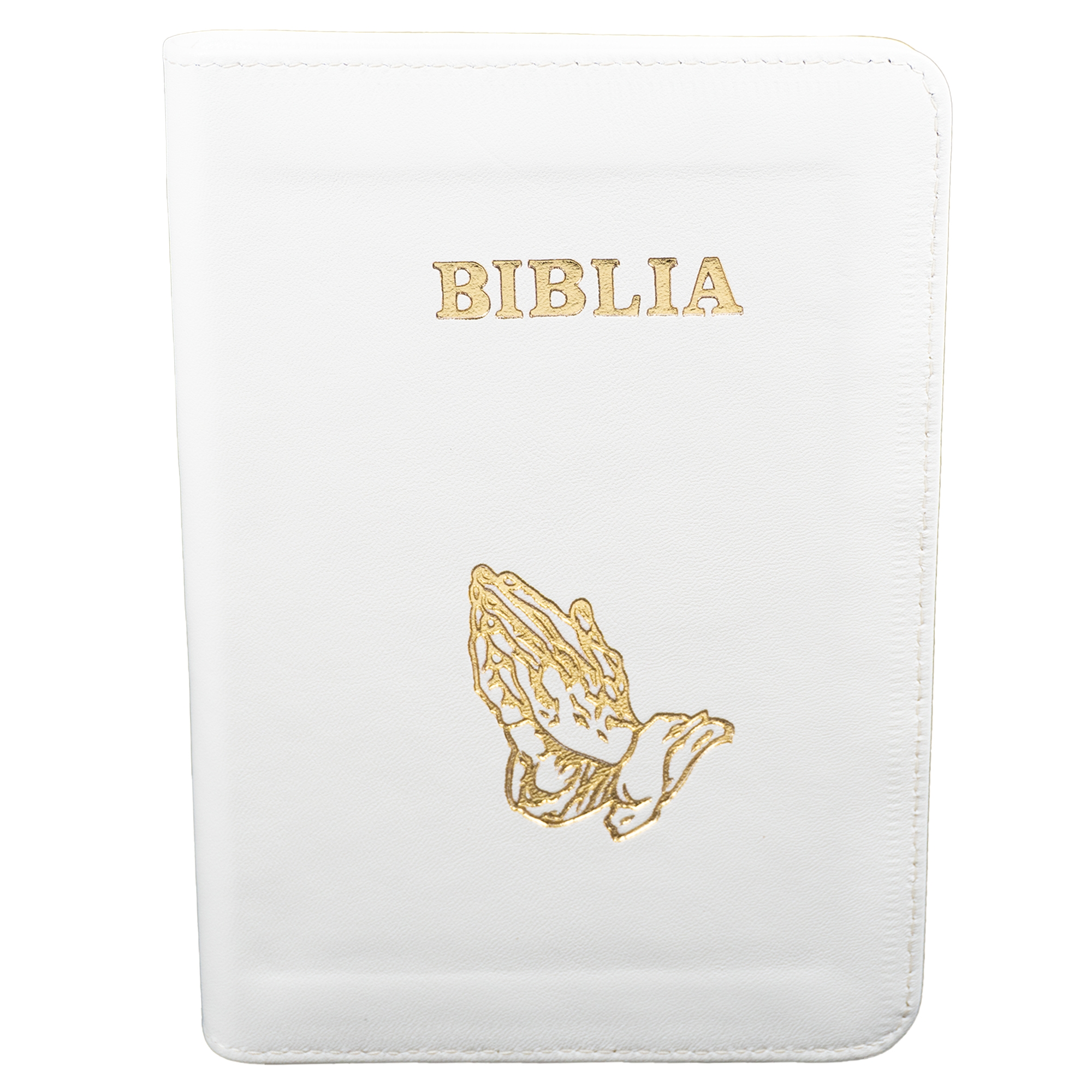 Biblie din piele, marime medie, culoare, alb murdar, simbol maini in rugaciune, fermoar, index, margini aurii, cuv. lui Isus cu rosu [SB 057 PFI]