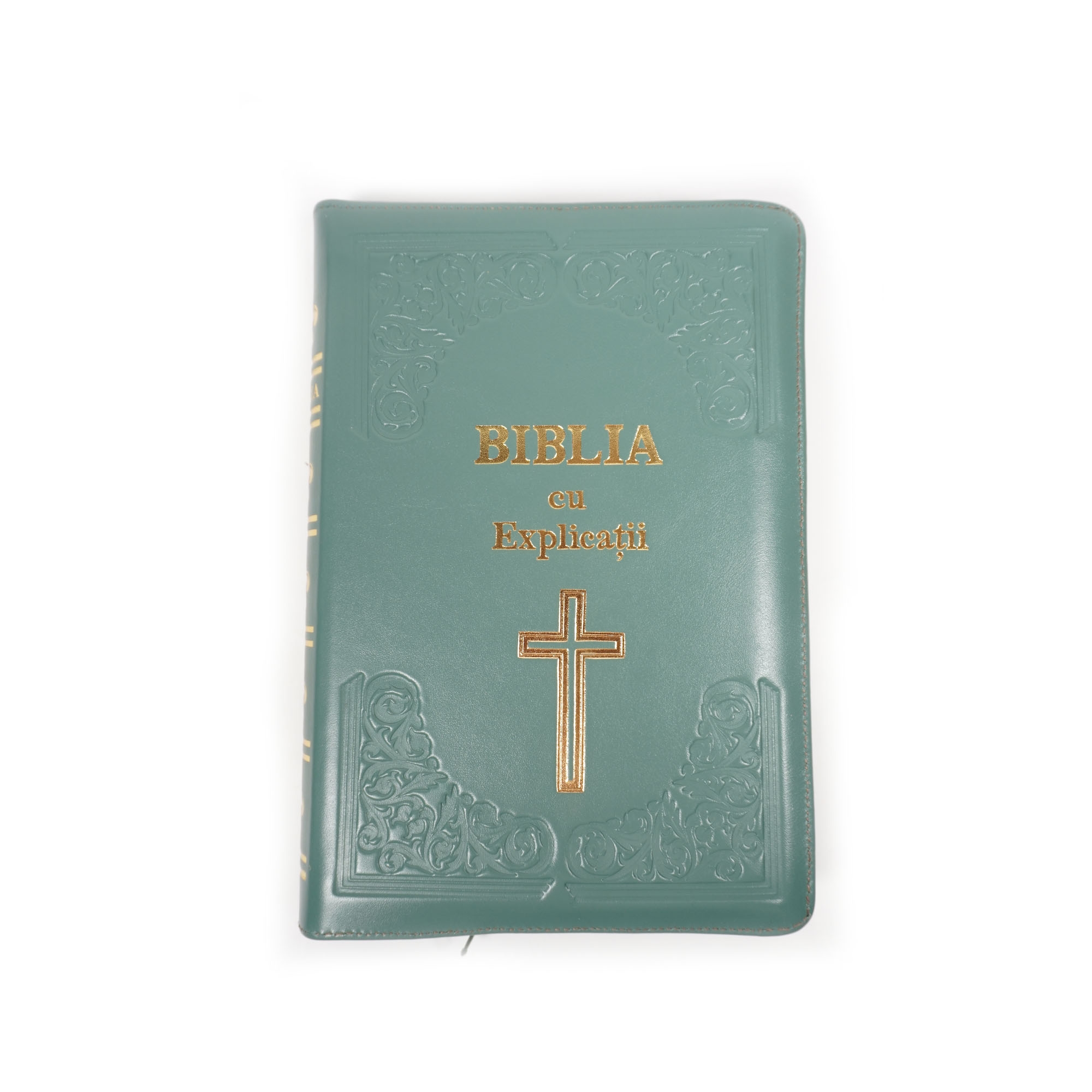 Biblia cu concordanta si explicatii, coperta piele HANDMADE, mare, culoare verde, fermoar, index, margini aurii, simbol cruce , cuv. lui Isus cu rosu [CO 77 HMI]