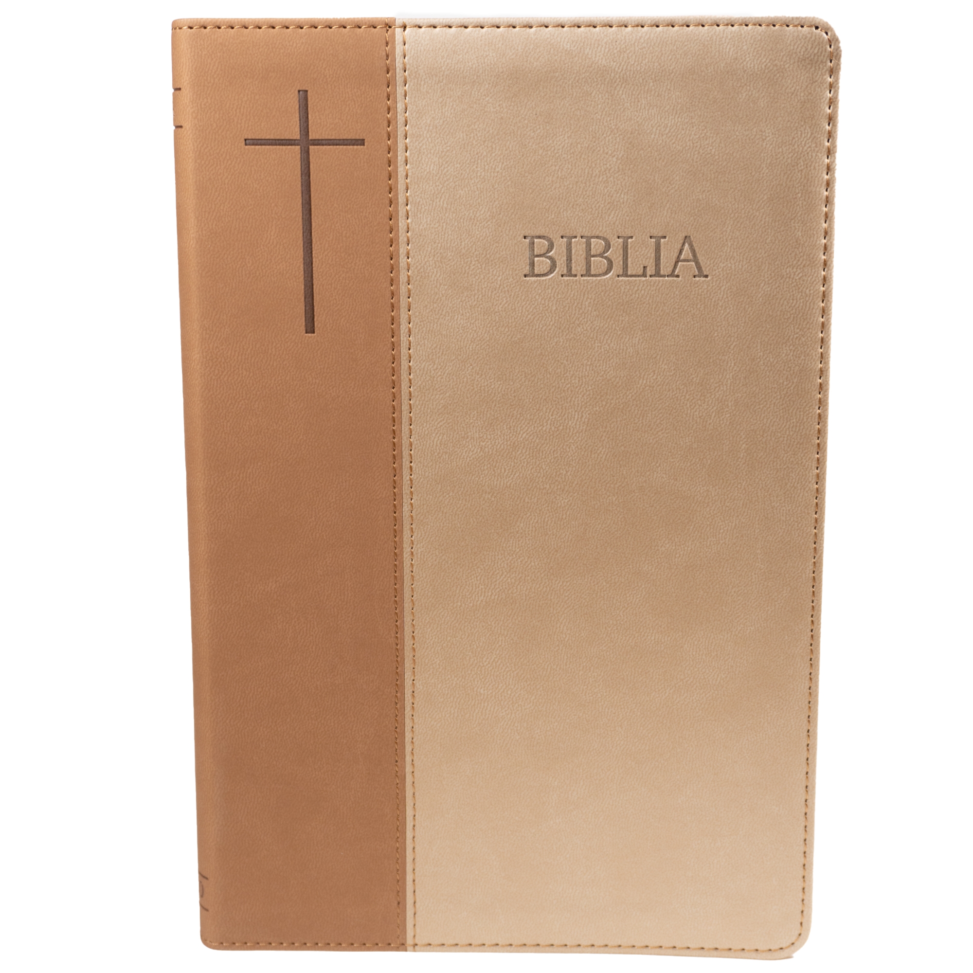 Biblie mare, piele ecologica, maro/bej, index, margini aurii, cu cruce,cuv. Isus cu rosu [SI 076 TI] - Ediție centenară