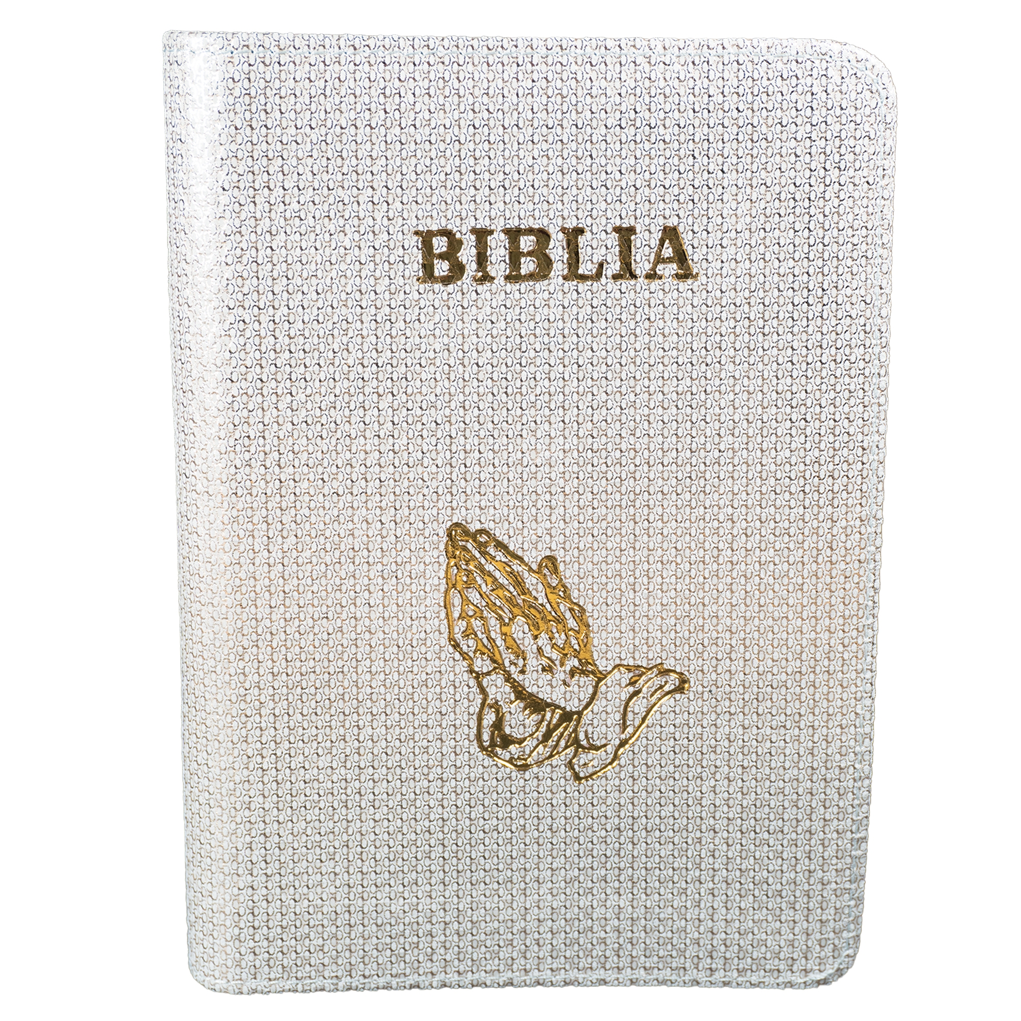 Biblie din piele, marime medie, texturată argintiu cu auriu,  fermoar, margini albe, simbol maini in rugaciune, cuv. lui Isus cu rosu [053]