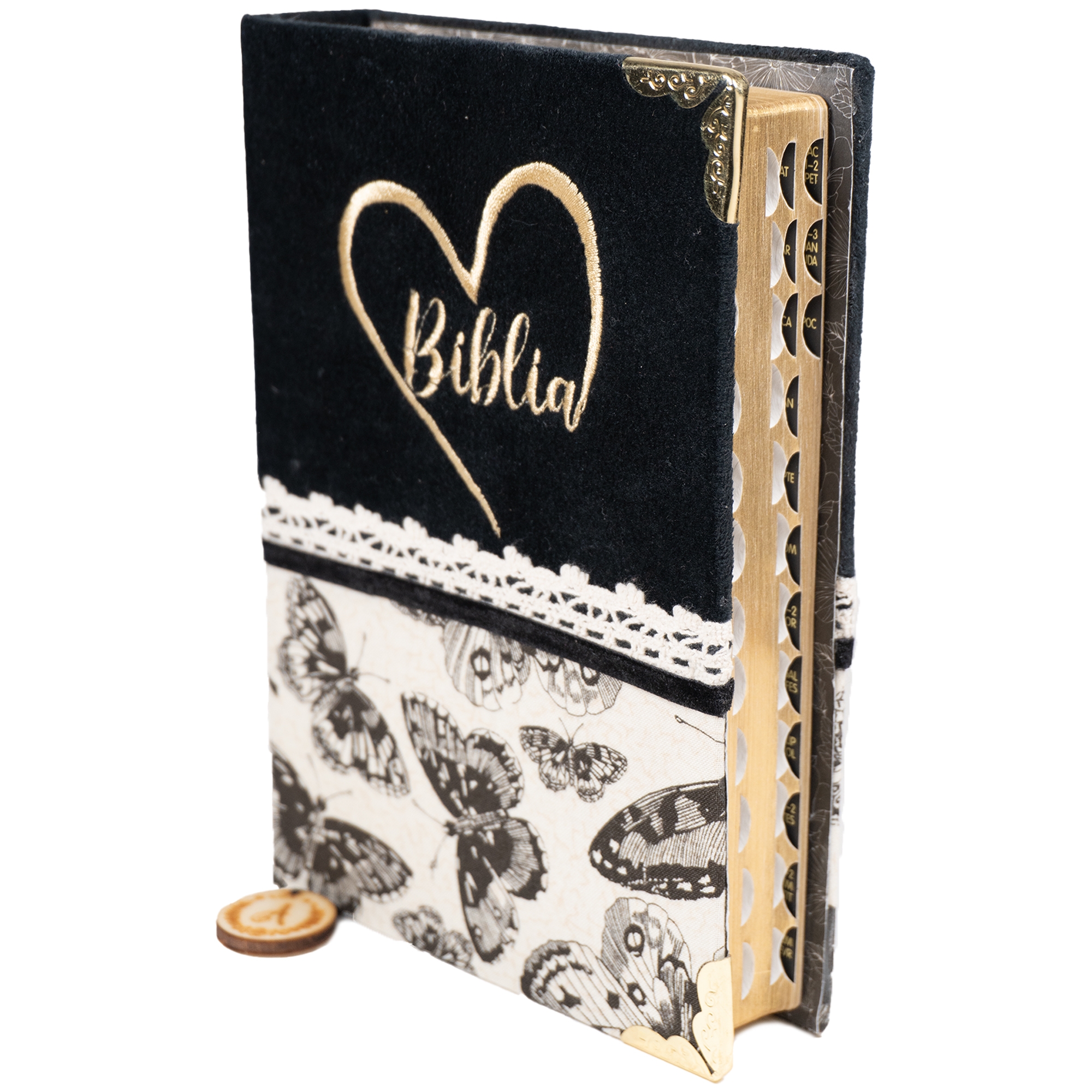 Biblia handmade, model 127, marime medie, coperta tare textila, margini aurii, index, cuv. lui Isus cu rosu [SI 057 HM]