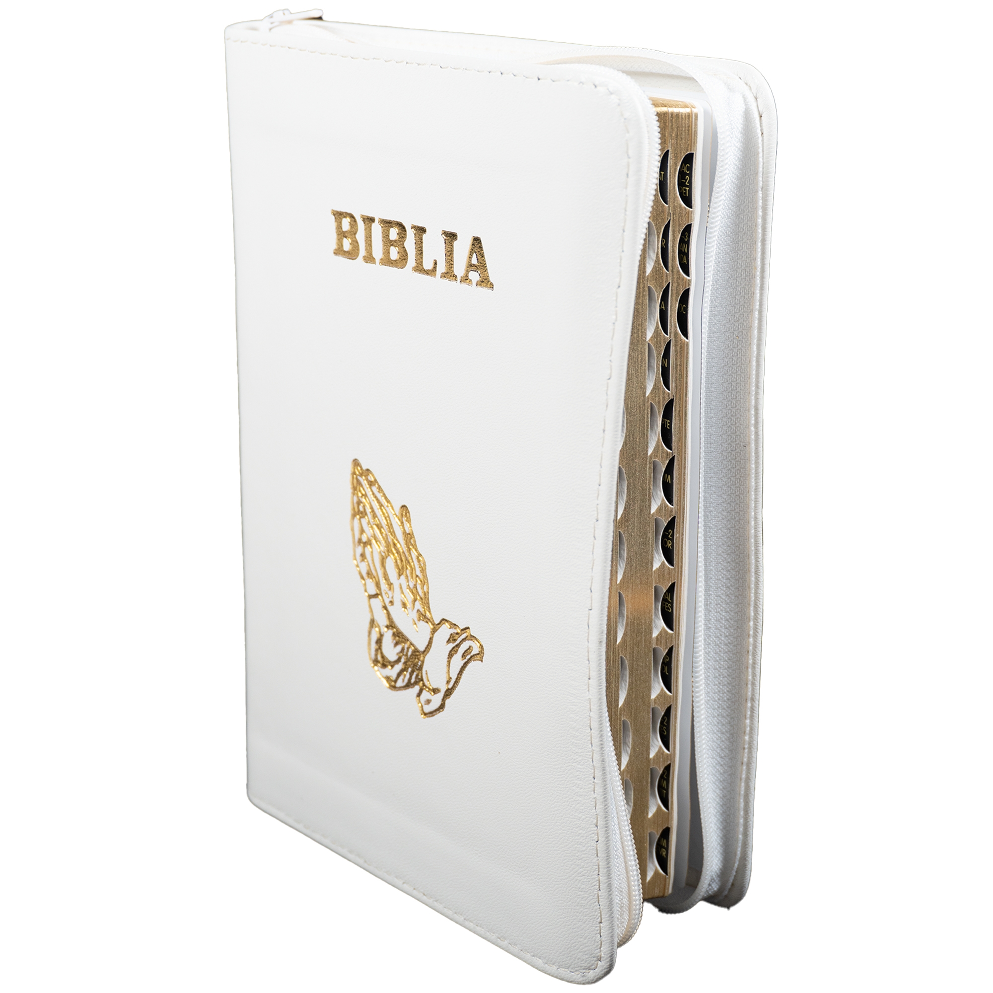 Biblie din piele, marime medie, culoare, alb murdar, simbol maini in rugaciune, fermoar, index, margini aurii, cuv. lui Isus cu rosu [SB 057 PFI]