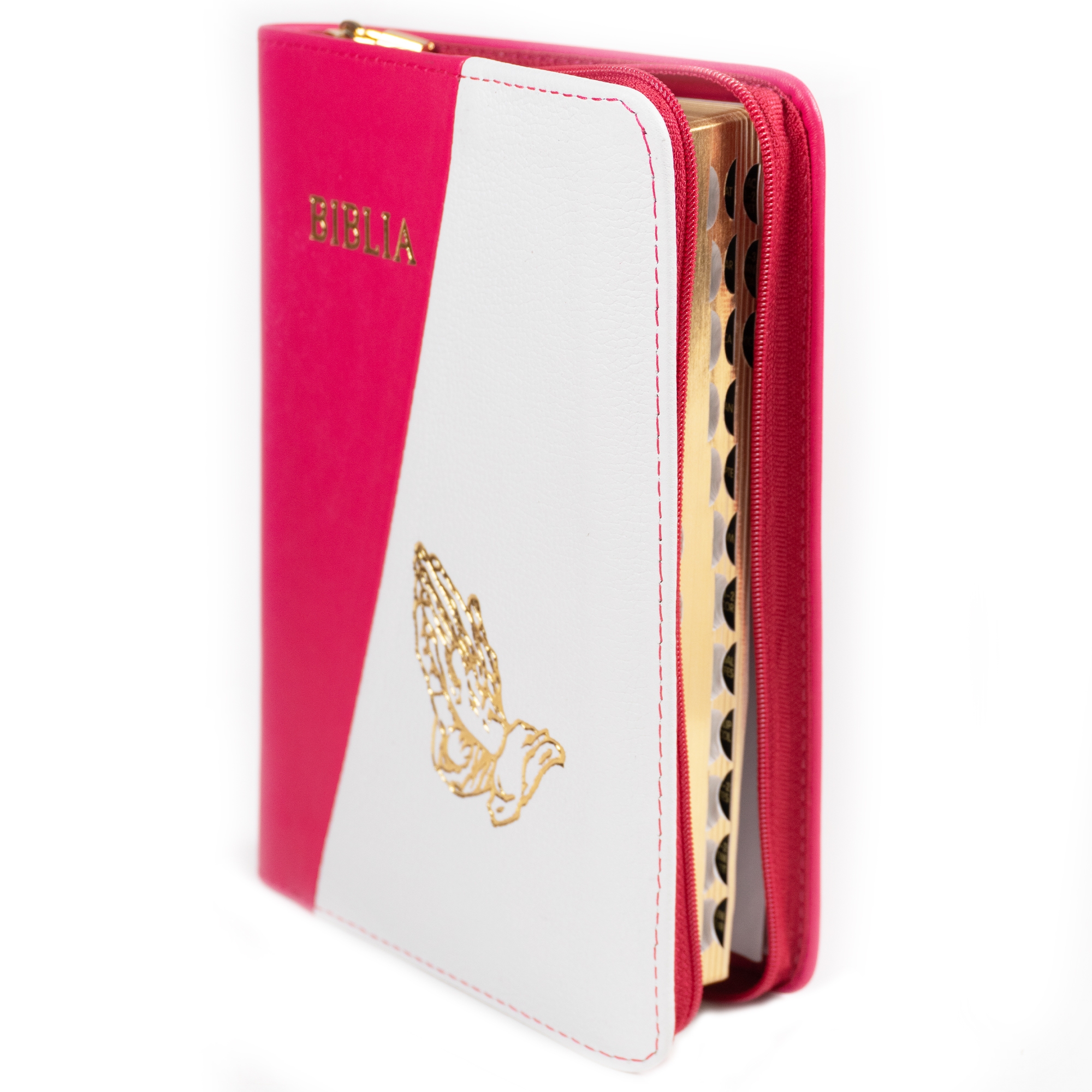 Biblie din piele, marime medie, culoare, roz cu alb, simbol maini in rugaciune, fermoar, index, margini aurii, cuv. lui Isus cu rosu [SB 057 PFI]