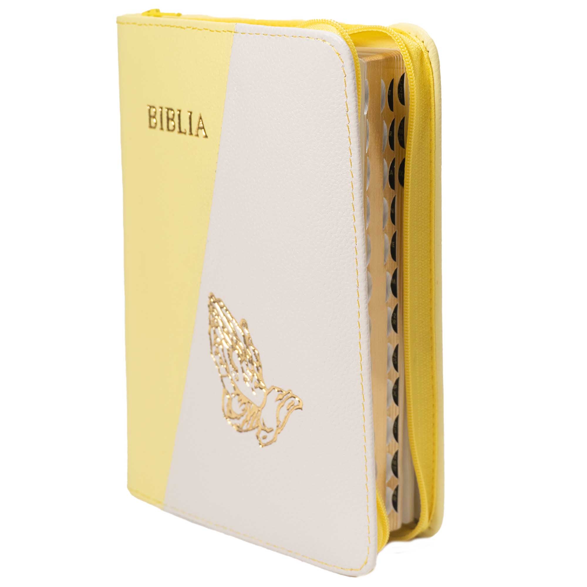 Biblie din piele, marime medie, culoare galben cu crem, simbol maini in rugaciune, fermoar, index, margini aurii, cuv. lui Isus cu rosu [SB 057 PFI]