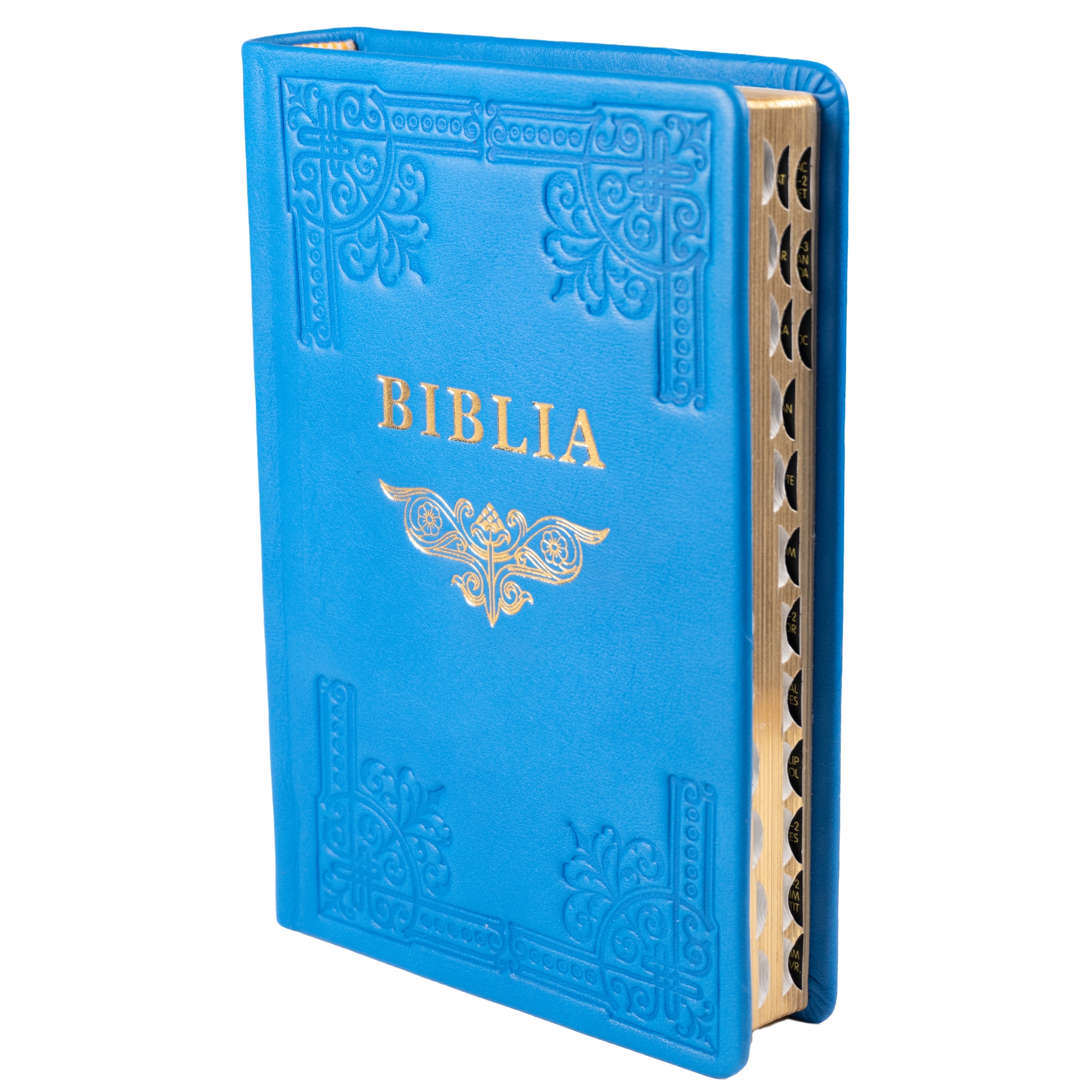 Biblia din piele, handmade, marime medie, culoare albastră, margini aurii cu index, cuv. lui Isus cu rosu [057 HM]