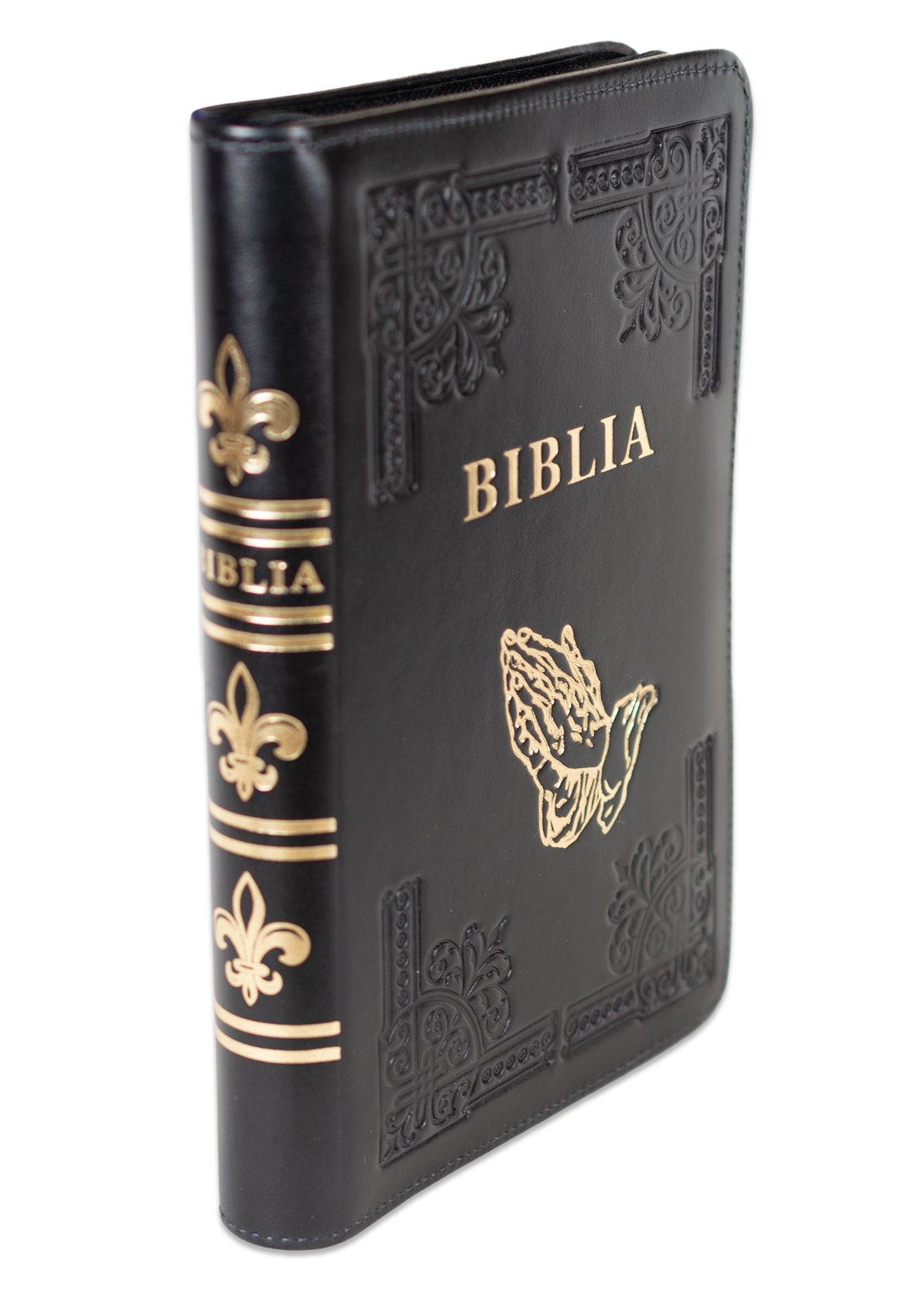 Biblia din piele, handmade, marime medie, culoare neagra,fermoar,simbol maini in rugaciune, margini aurii cu index, cuv. lui Isus cu rosu [057 HM]