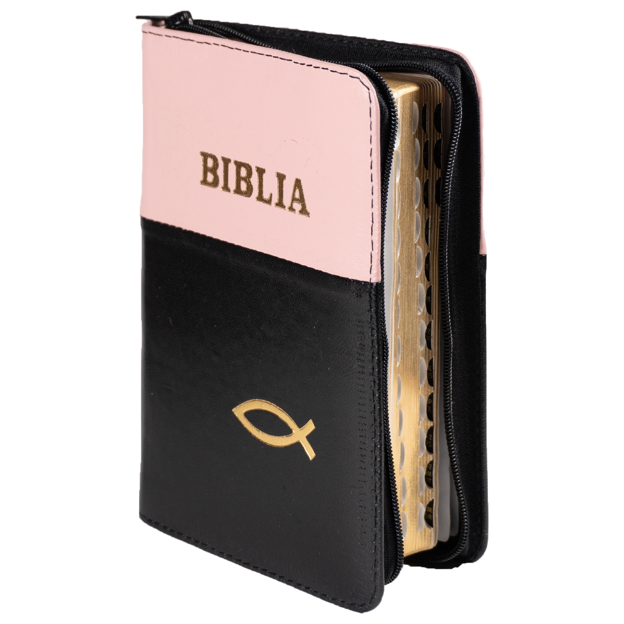 Biblie marime mica, piele, culoare roz cu negru, index, fermoar, margini aurii, cuv. lui Isus in rosu,simbol peste [047 PFI]