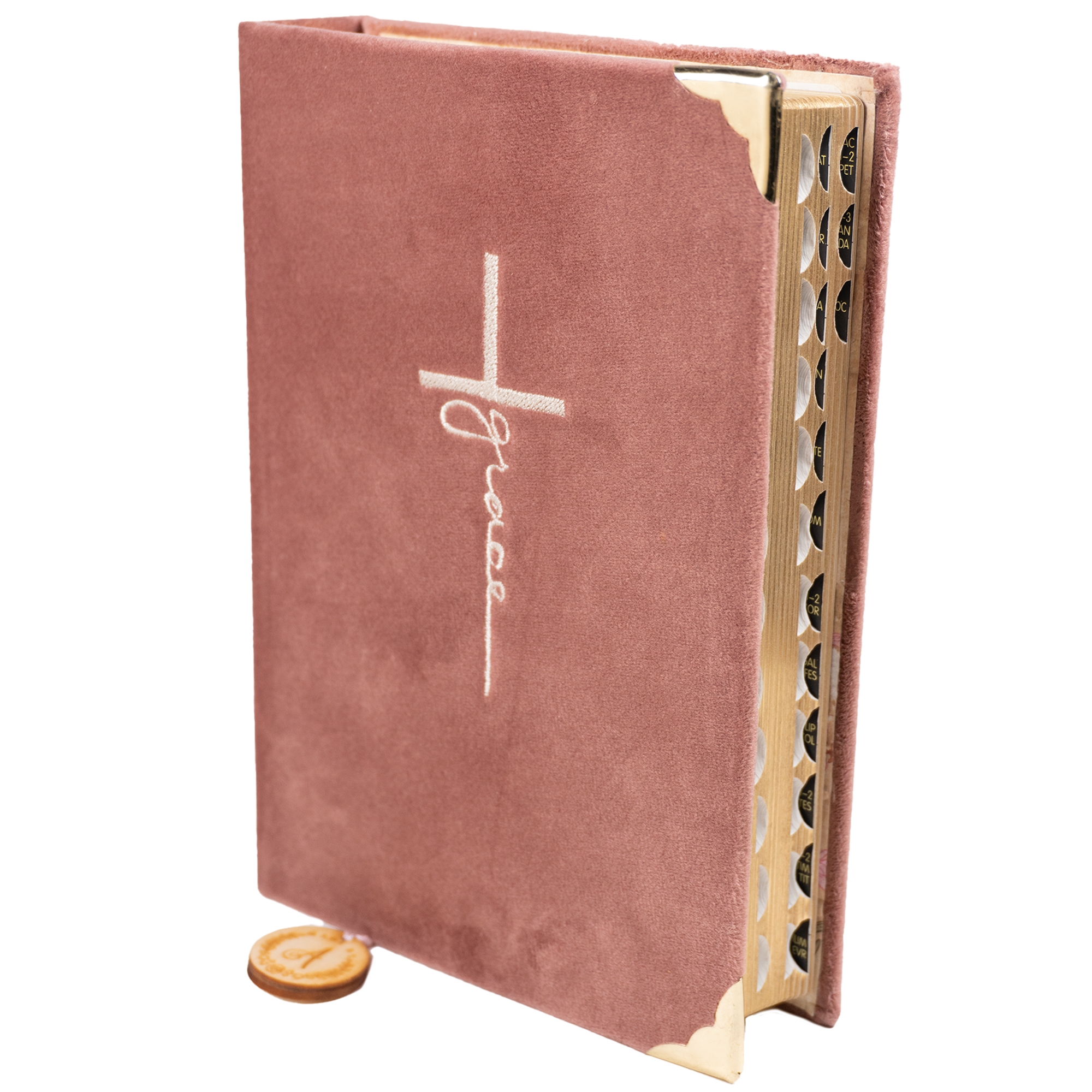 Biblia handmade, model 128, marime medie, coperta tare textila, margini aurii, index, cuv. lui Isus cu rosu [SI 057 HM]