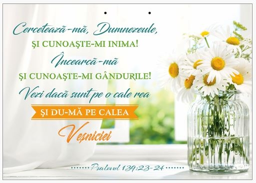 Poster cu verset A4 -Versete:  "Cercetează-mă, Dumnezeule, şi cunoaşte-mi inima! Încearcă-mă şi cunoaşte-mi gândurile! Vezi dacă sunt pe o cale rea şi du-mă pe calea Veşniciei" Psalmul 139:23-24    [117]
