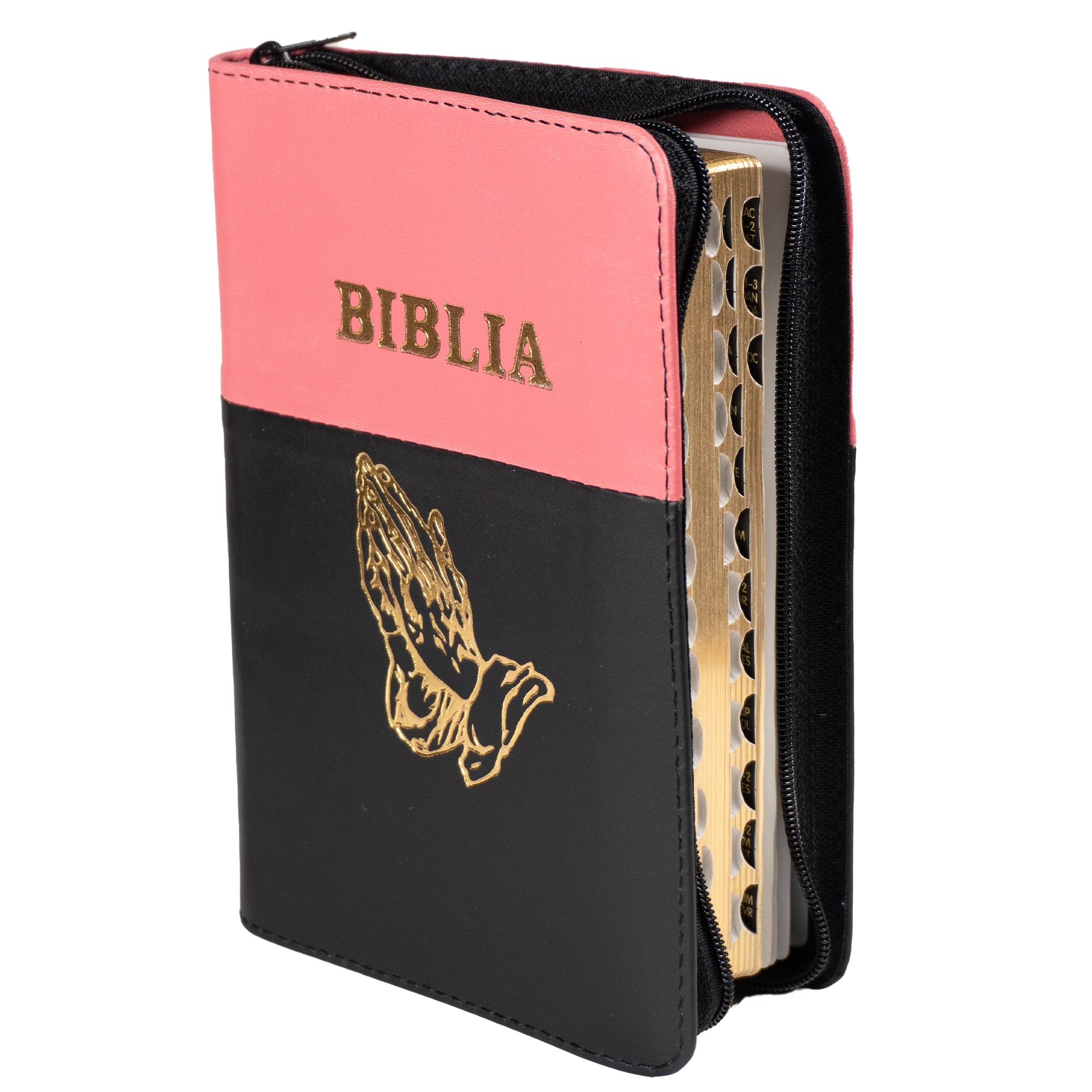 Biblia mica, coperta piele, culoare, roz cu negru, index, fermoar, margini aurii,  simbolul maini, cuv. lui Isus in rosu [047 PFI]