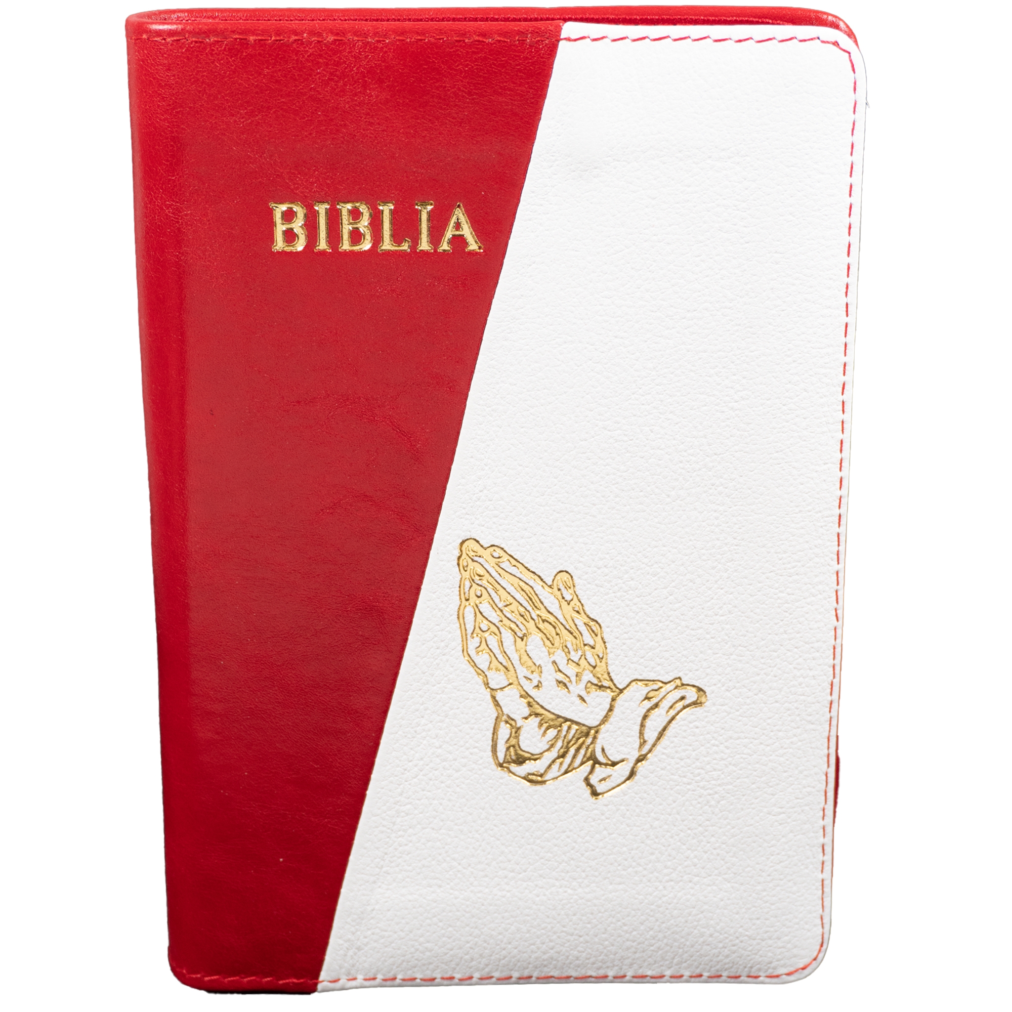 Biblie din piele, marime medie, culoare, roșu cu alb, simbol maini in rugaciune, fermoar, index, margini aurii, cuv. lui Isus cu rosu [SB 057 PFI]