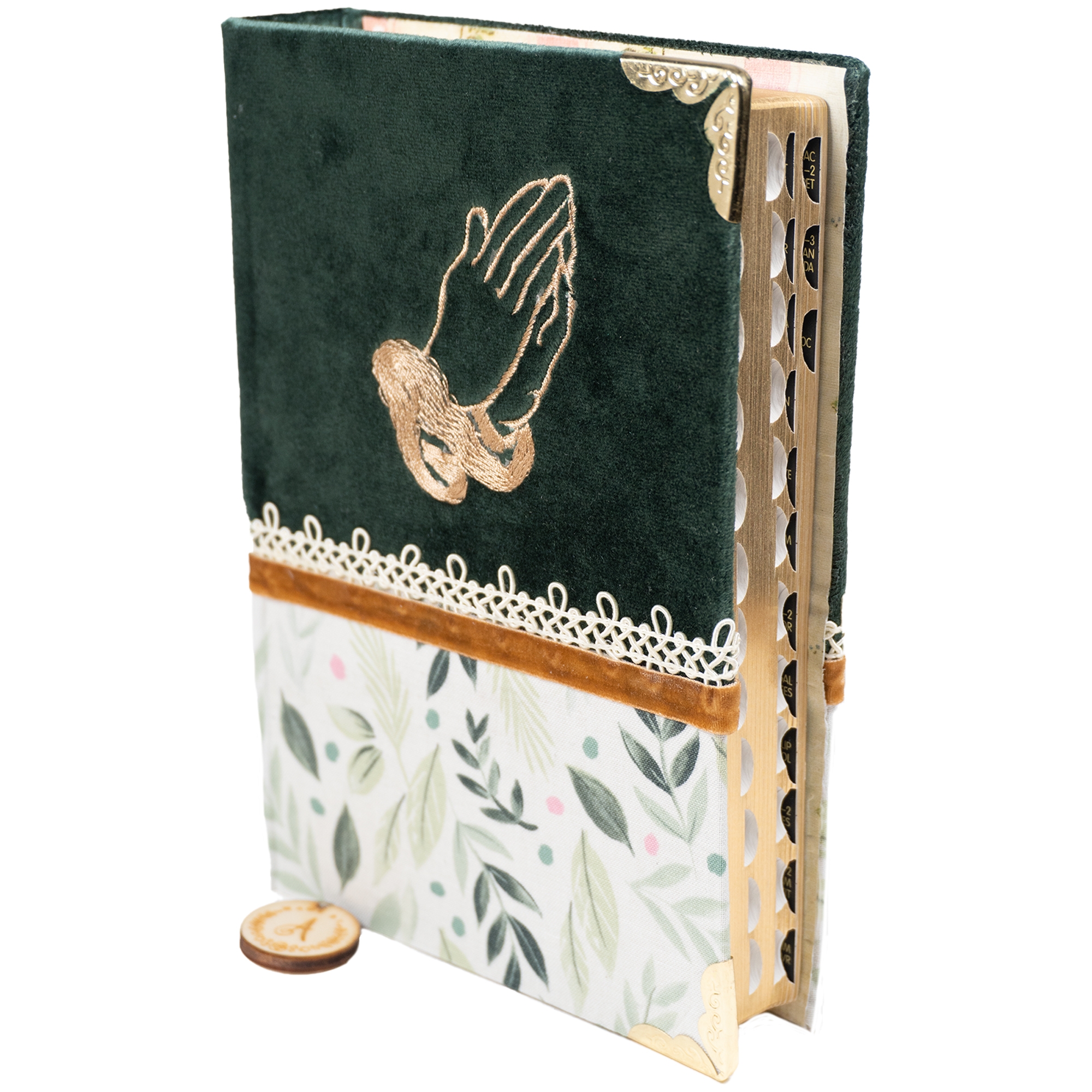 Biblia handmade, model 129, marime medie, coperta tare textila, margini aurii, index, cuv. lui Isus cu rosu [SI 057 HM]