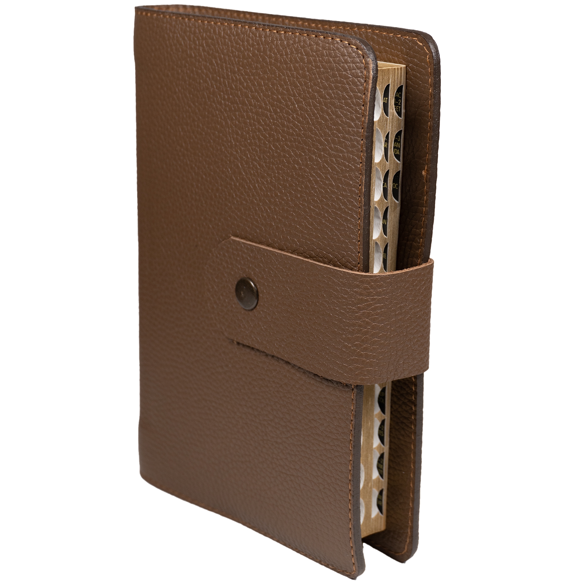 Biblia marime medie, maro, piele, inchidere baretă cu capsa 2, margini aurii, index, cuv. lui Isus cu rosu [MAR 057 PCI]