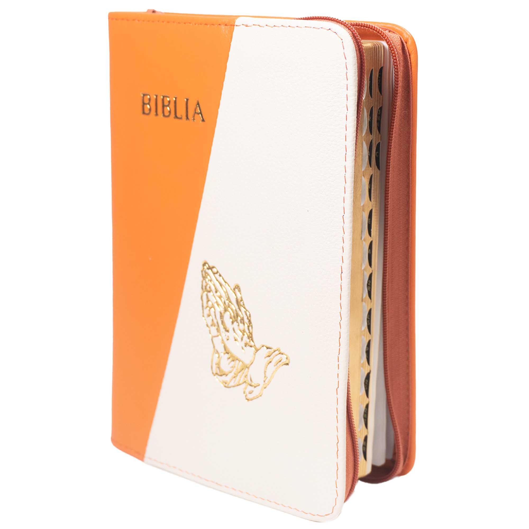 Biblie din piele, marime medie, culoare portocaliu cu crem, simbol maini in rugaciune, fermoar, index, margini aurii, cuv. lui Isus cu rosu [SB 057 PFI]