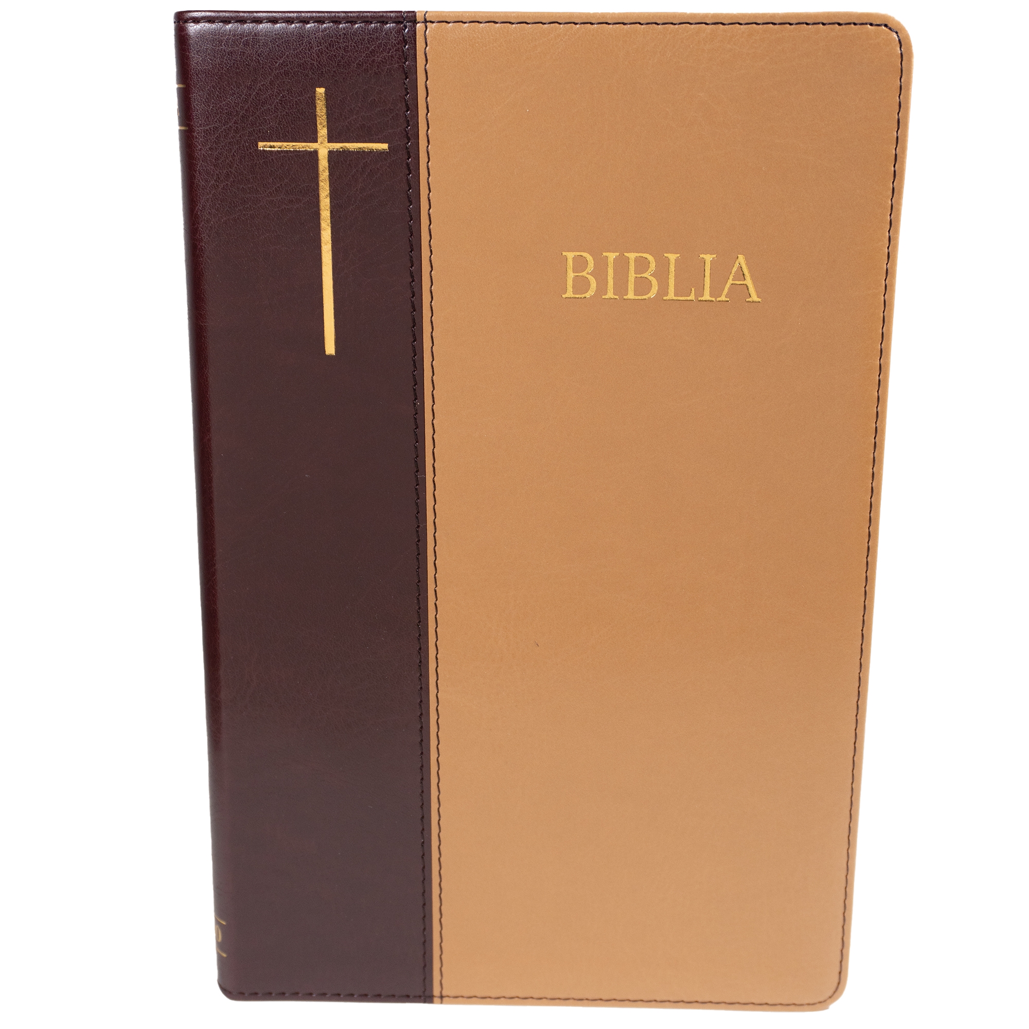 Biblie mare, piele ecologica, maro/crem, index, margini aurii, cu cruce,cuv. Isus cu rosu [SI 076 TI] - Ediție centenară