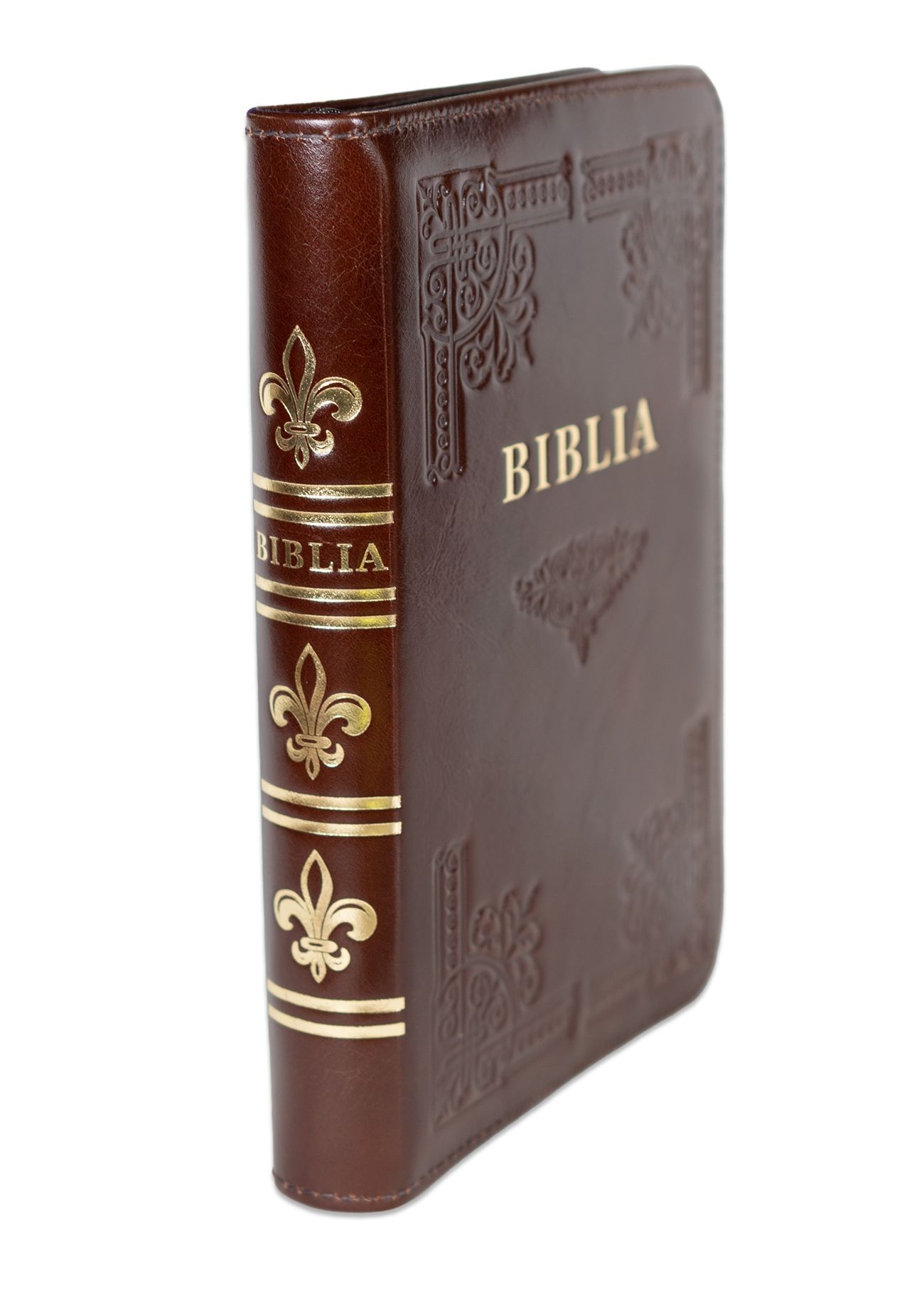 Biblia din piele, handmade, marime medie, culoare maro inchis,fermoar,margini aurii cu index, cuv. lui Isus cu rosu [057 HM]