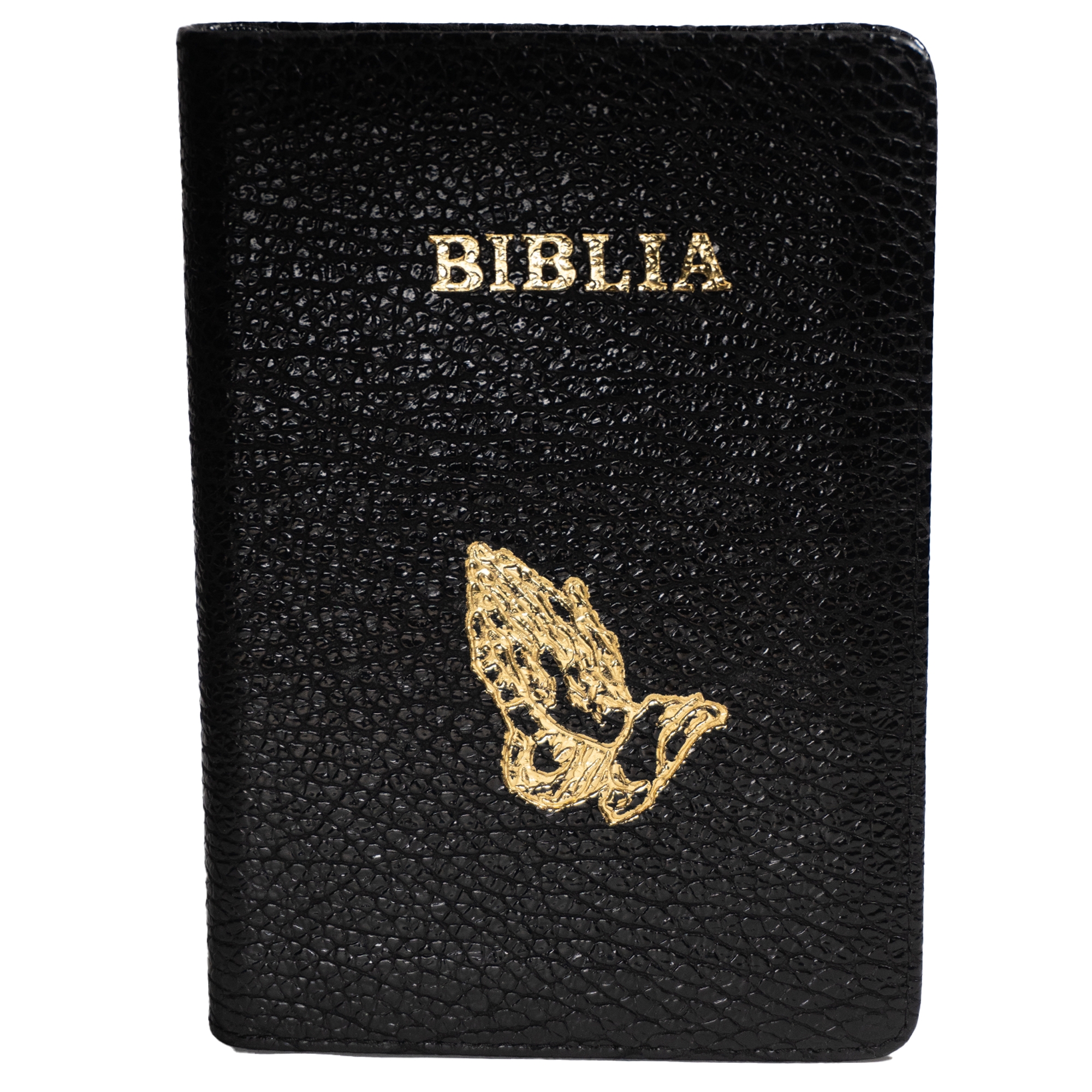 Biblie din piele, marime medie, negru texturat, fermoar, index, margini aurii, simbol maini in rugaciune,  cuv. lui Isus cu rosu [SB 057 PFI]