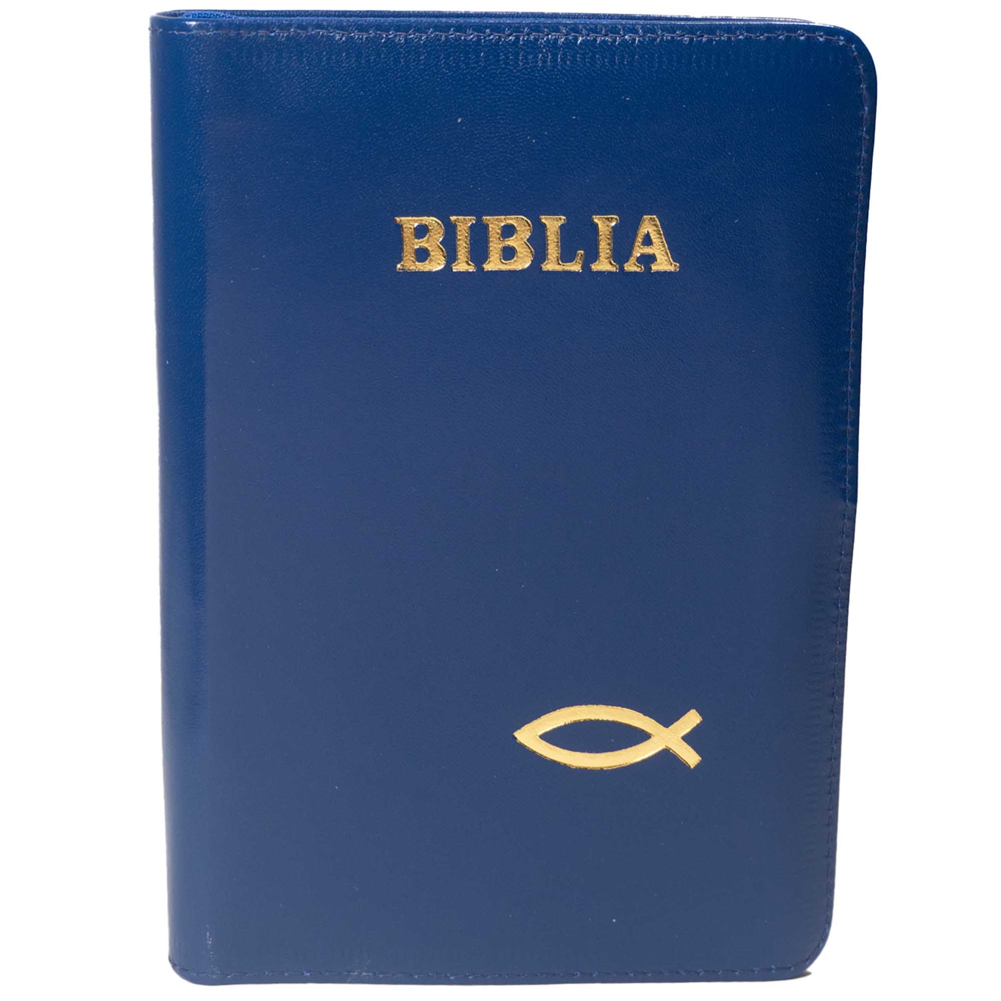 Biblie din piele, marime medie, culoare bleumarin, simbol peste, fermoar, index, margini aurii, cuv. lui Isus cu rosu [SB 057 PFI]