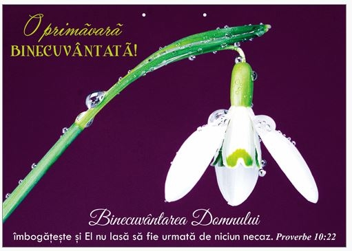 Poster cu verset A4 -Text şi verset:  O primăvară binecuvântată! "Binecuvântarea Domnului îmbogăţeşte şi El nu lasă să fie urmată de niciun necaz." Proverbe 10:22    [119]