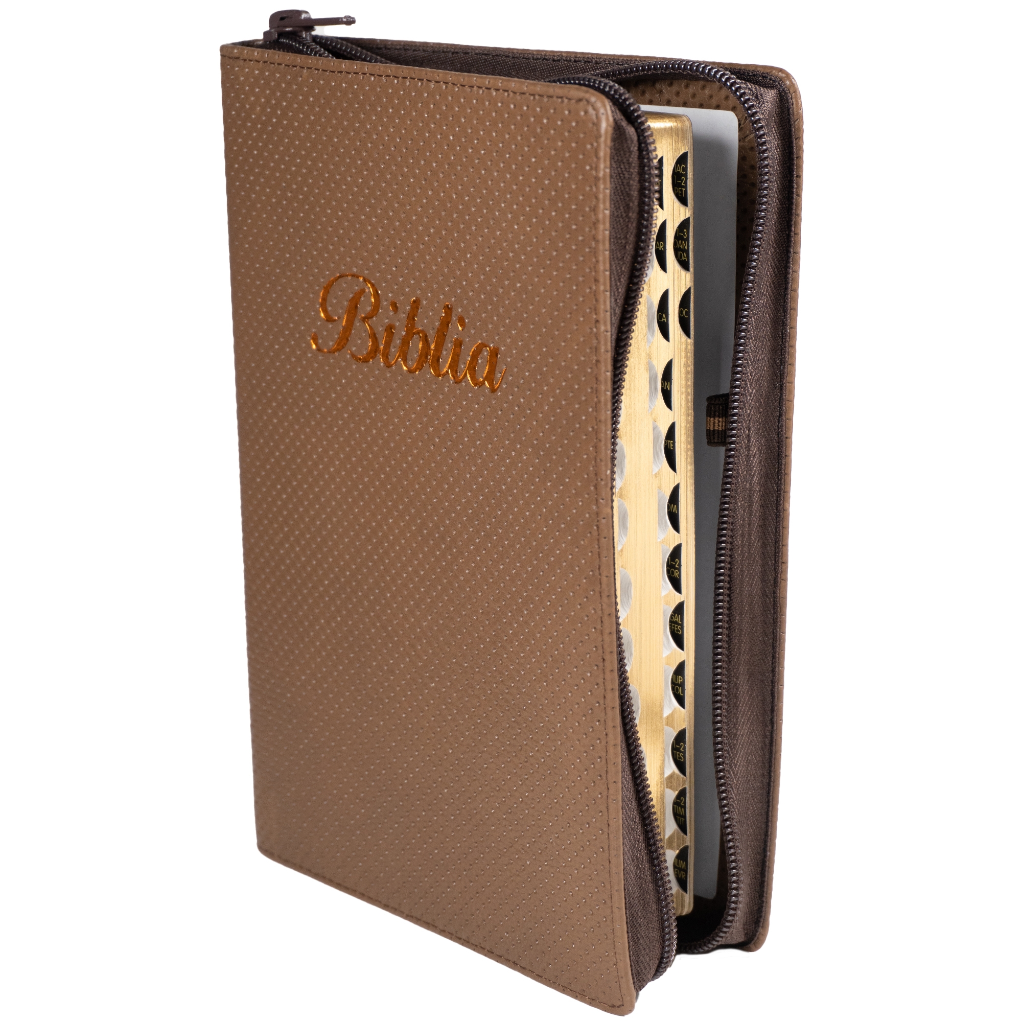 Biblia marime medie, maro texturat, piele, fermoar, margini aurii, index, cuv. lui Isus cu rosu [MAR 057 PFI]