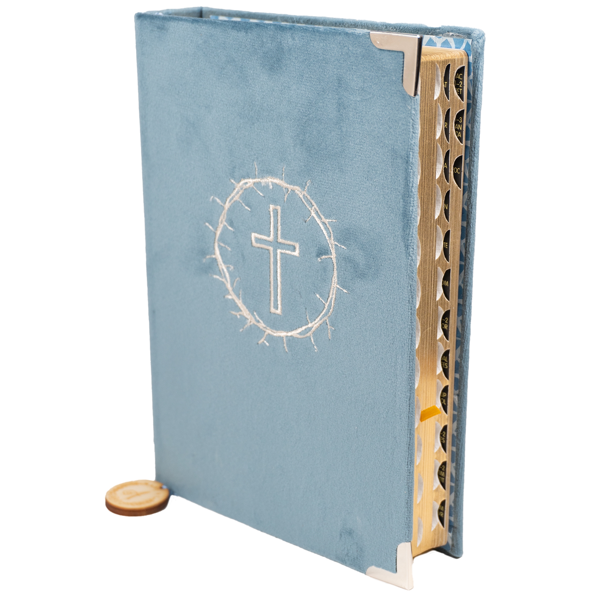 Biblia handmade, model 121, marime medie, coperta tare textila, margini aurii, index, cuv. lui Isus cu rosu [SI 057 HM]