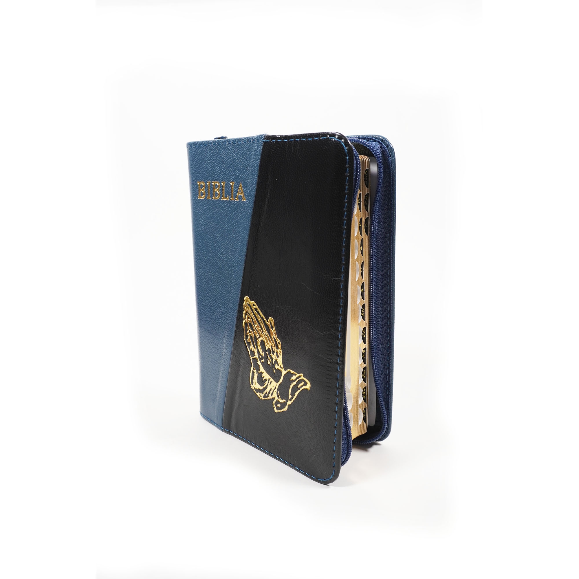 Biblia mica, coperta piele, culoare, turcoaz închis cu negru, index, fermoar, margini aurii,  simbolul maini, cuv. lui Isus in rosu [047 PFI]