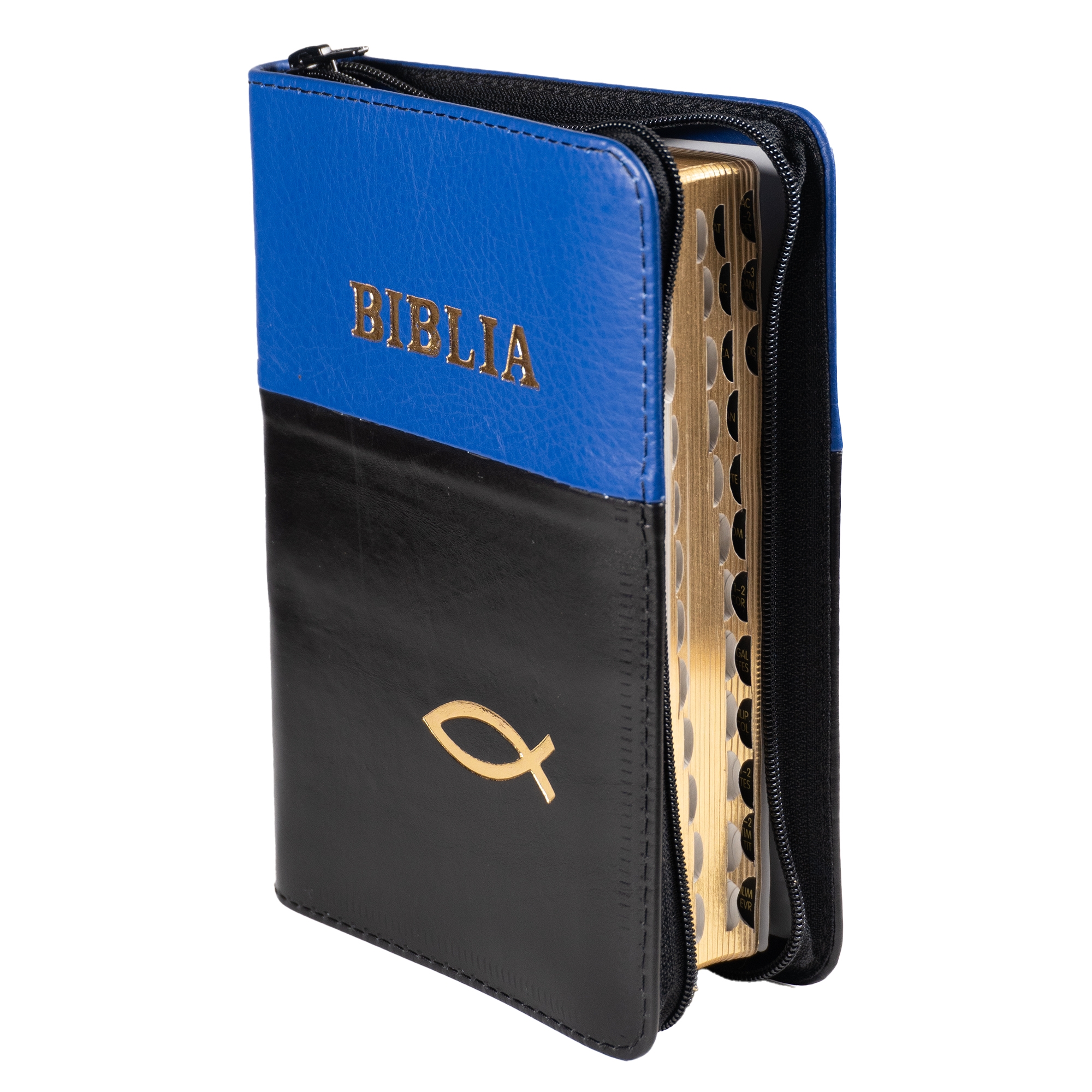 Biblie marime mica, piele, culoare albastru cu negru, index, fermoar, margini aurii, cuv. lui Isus in rosu,simbol peste [047 PFI]