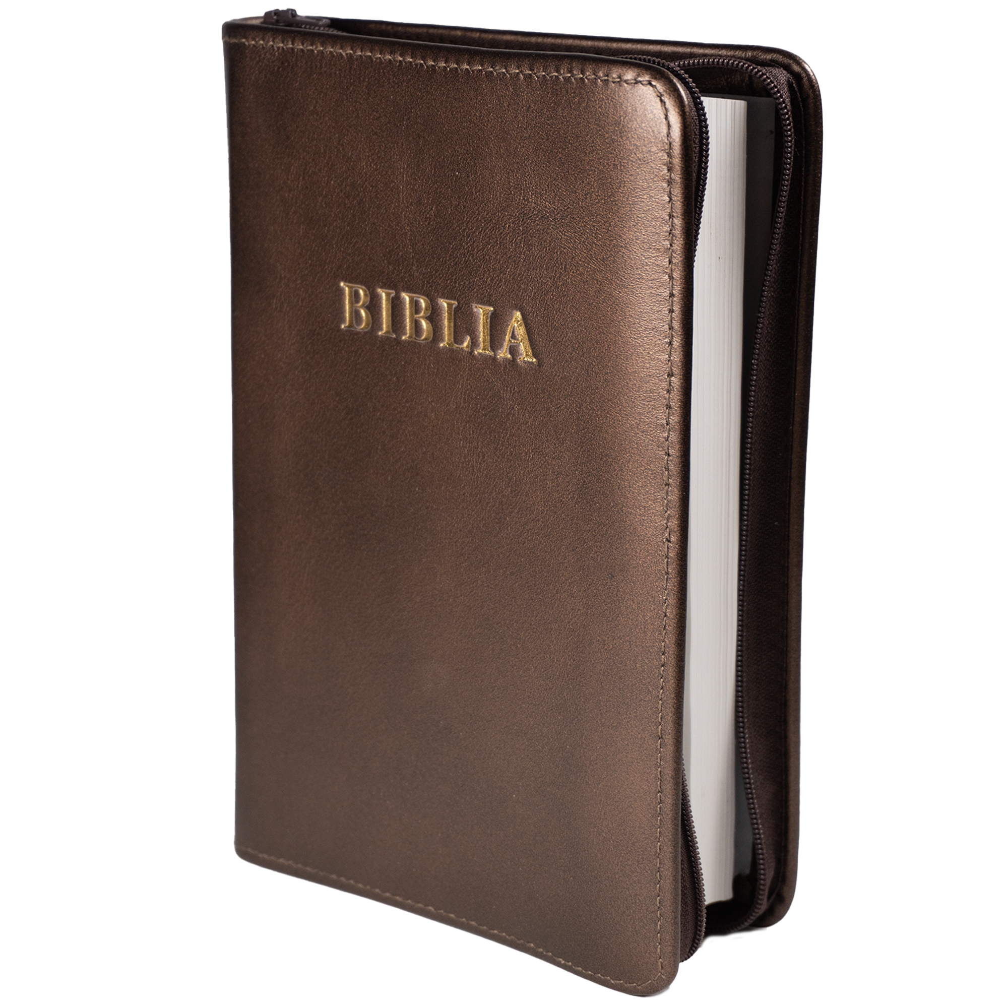 Biblie din piele, marime medie, culoare, bronz sidefat, fermoar, margini albe,  cuv. lui Isus cu rosu [053]