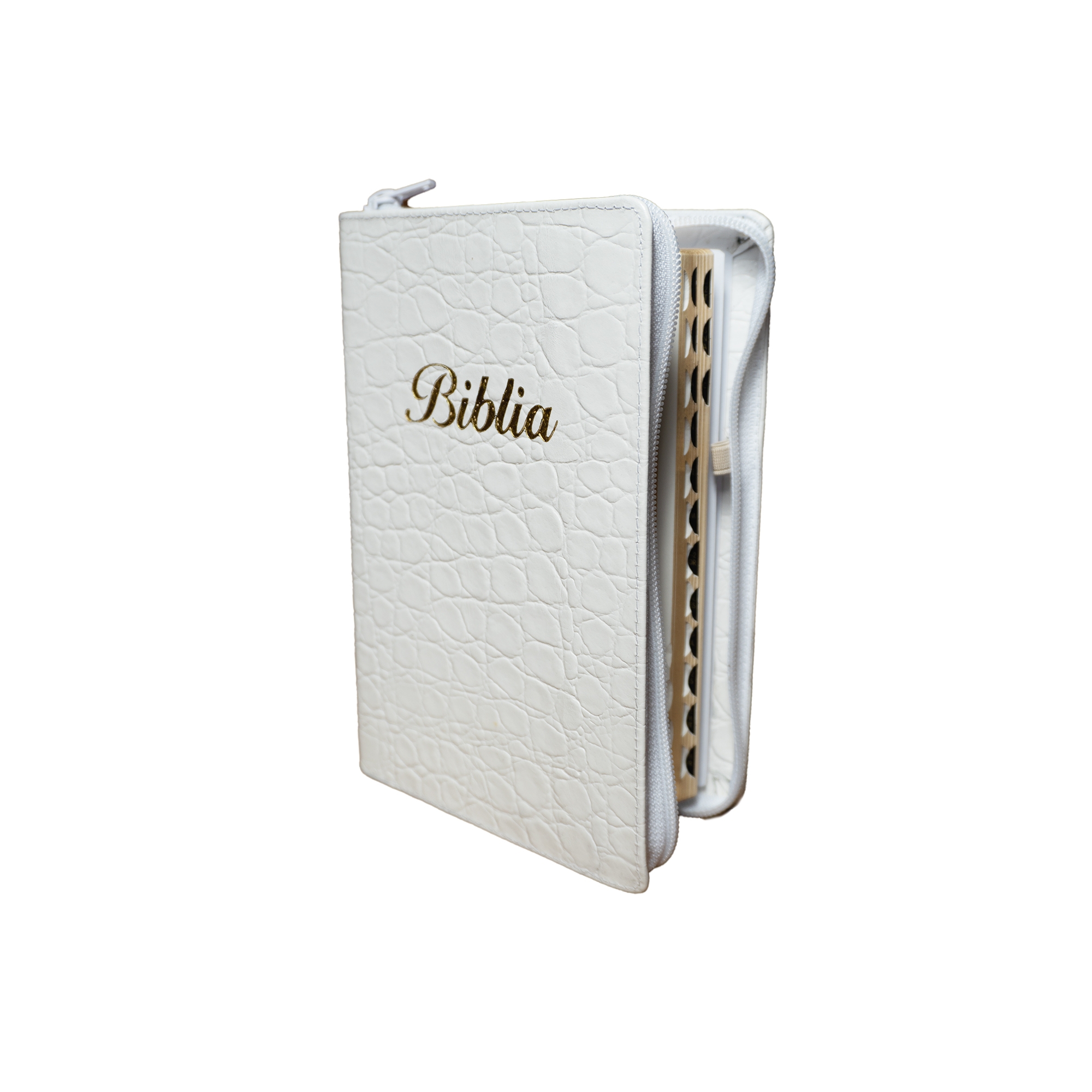 Biblia marime medie, alb texturat, piele, fermoar, margini aurii, index, cuv. lui Isus cu rosu [MAR 057 PFI]