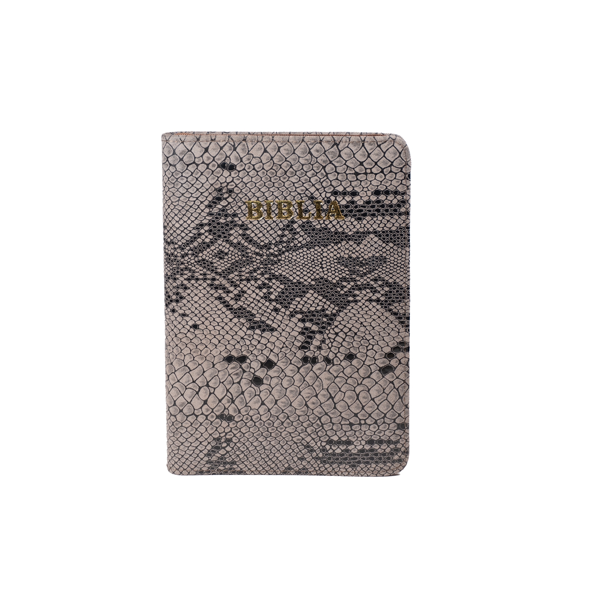 Biblie din piele, marime medie, culoare, maro cu gri texturat, fermoar, margini albe,  cuv. lui Isus cu rosu [053]