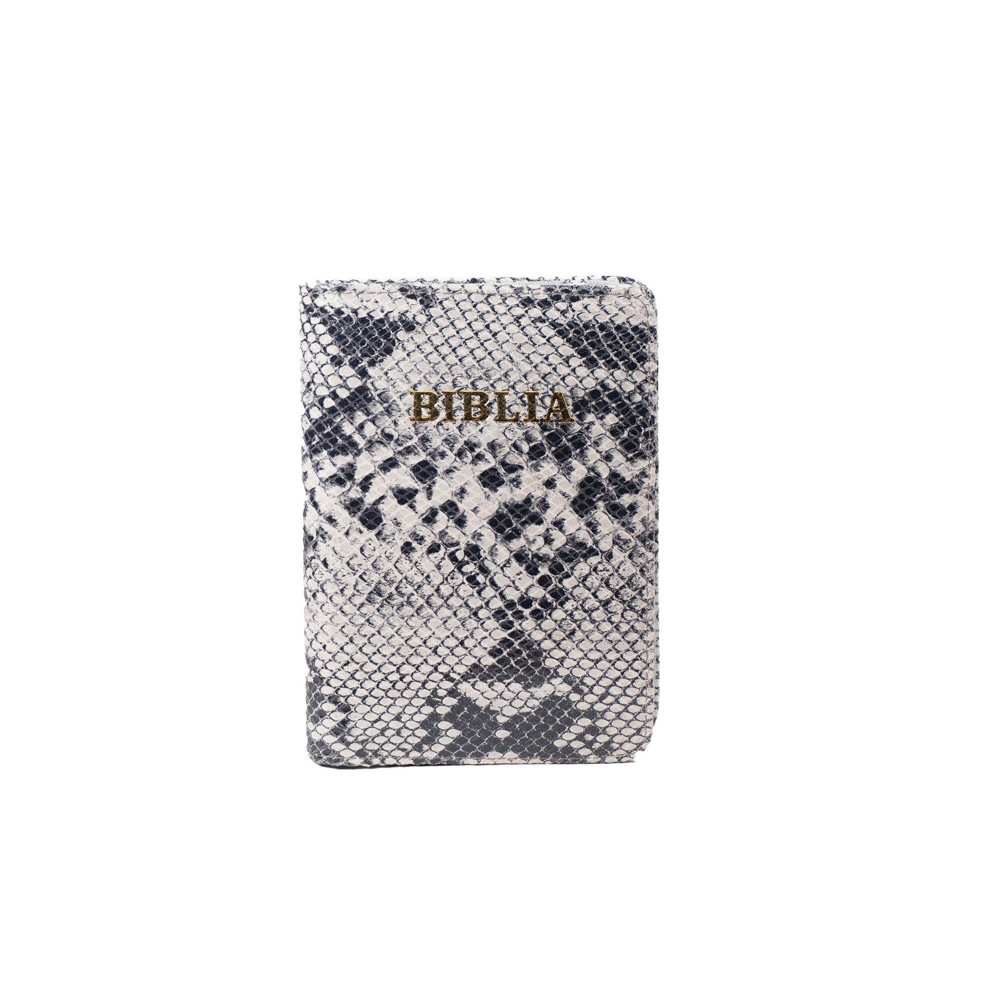 Biblie din piele, marime medie, culoare, gri cu negru texturat, fermoar, margini albe,  cuv. lui Isus cu rosu [053]