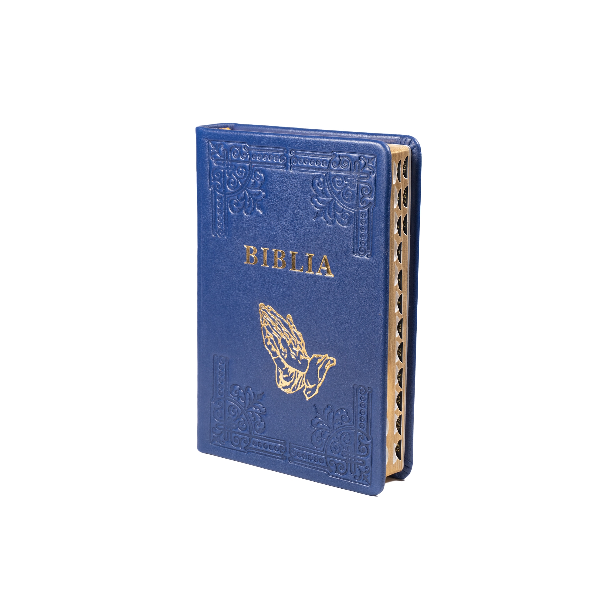 Biblia din piele, handmade, marime medie, culoare indigo , margini aurii cu index, cuv. lui Isus cu rosu [057 HM]