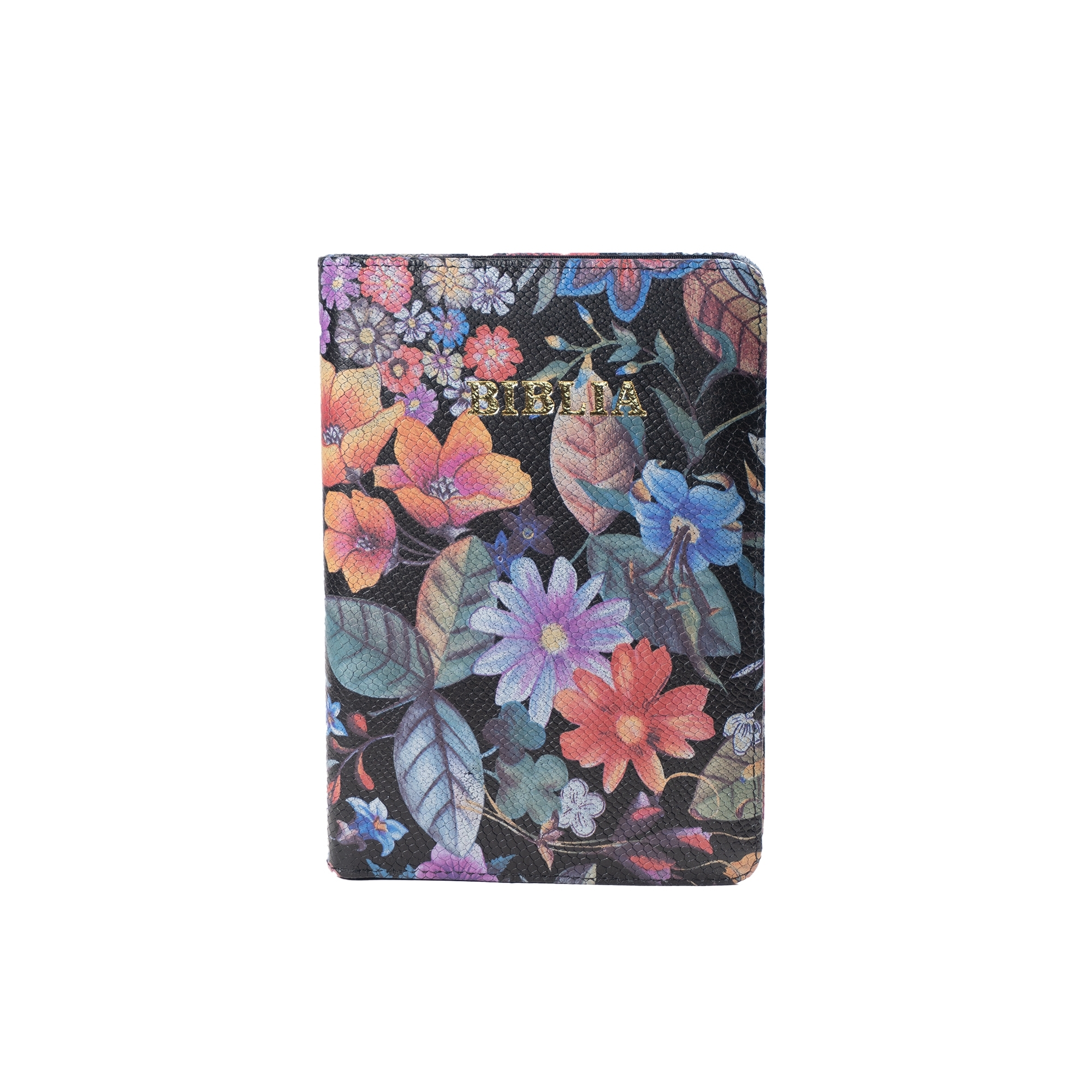 Biblie din piele, marime medie, culoare, neagră cu flori, fermoar, margini albe,  cuv. lui Isus cu rosu [053]